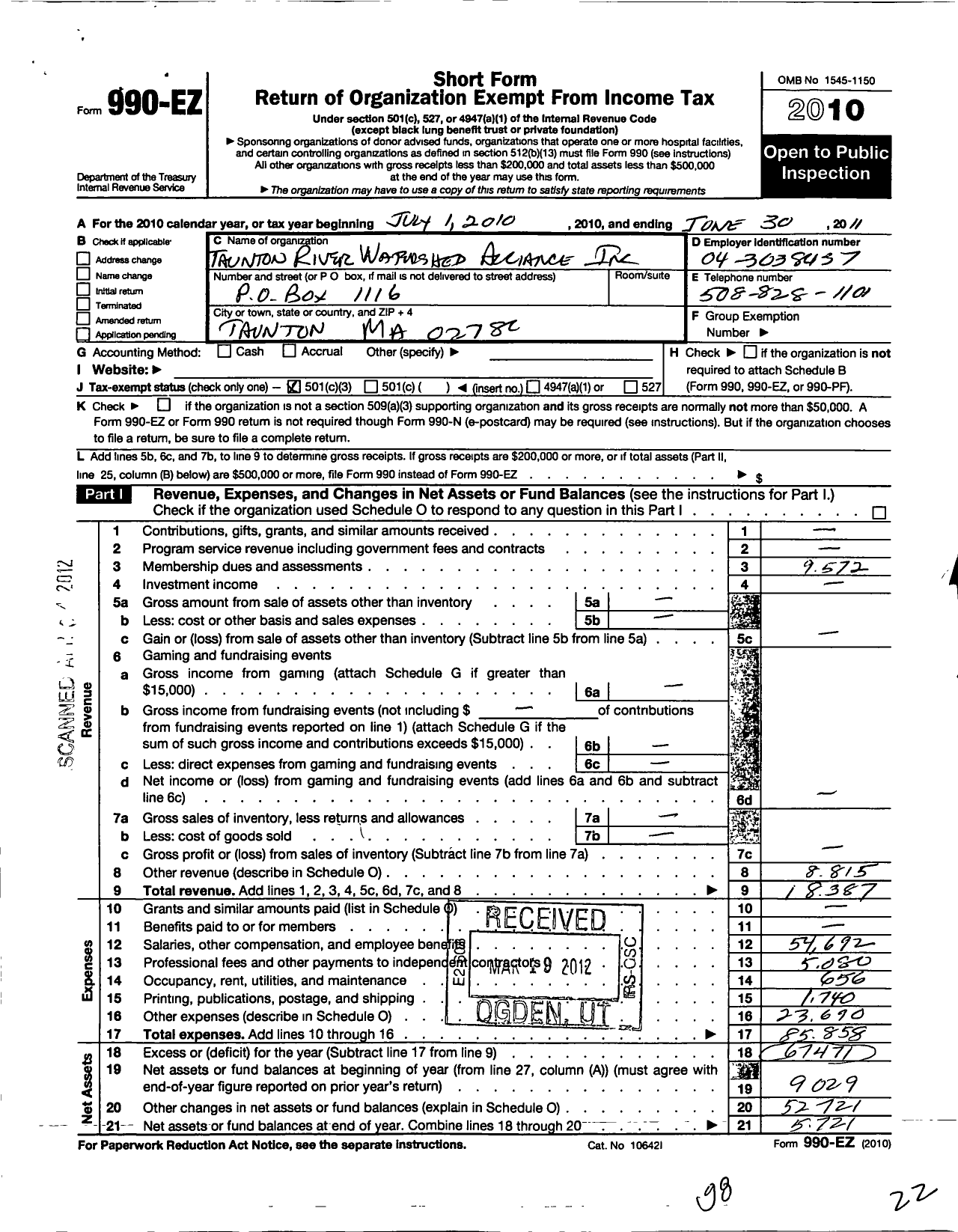 Image of first page of 2010 Form 990EZ for Taunton River Watershed Alliance