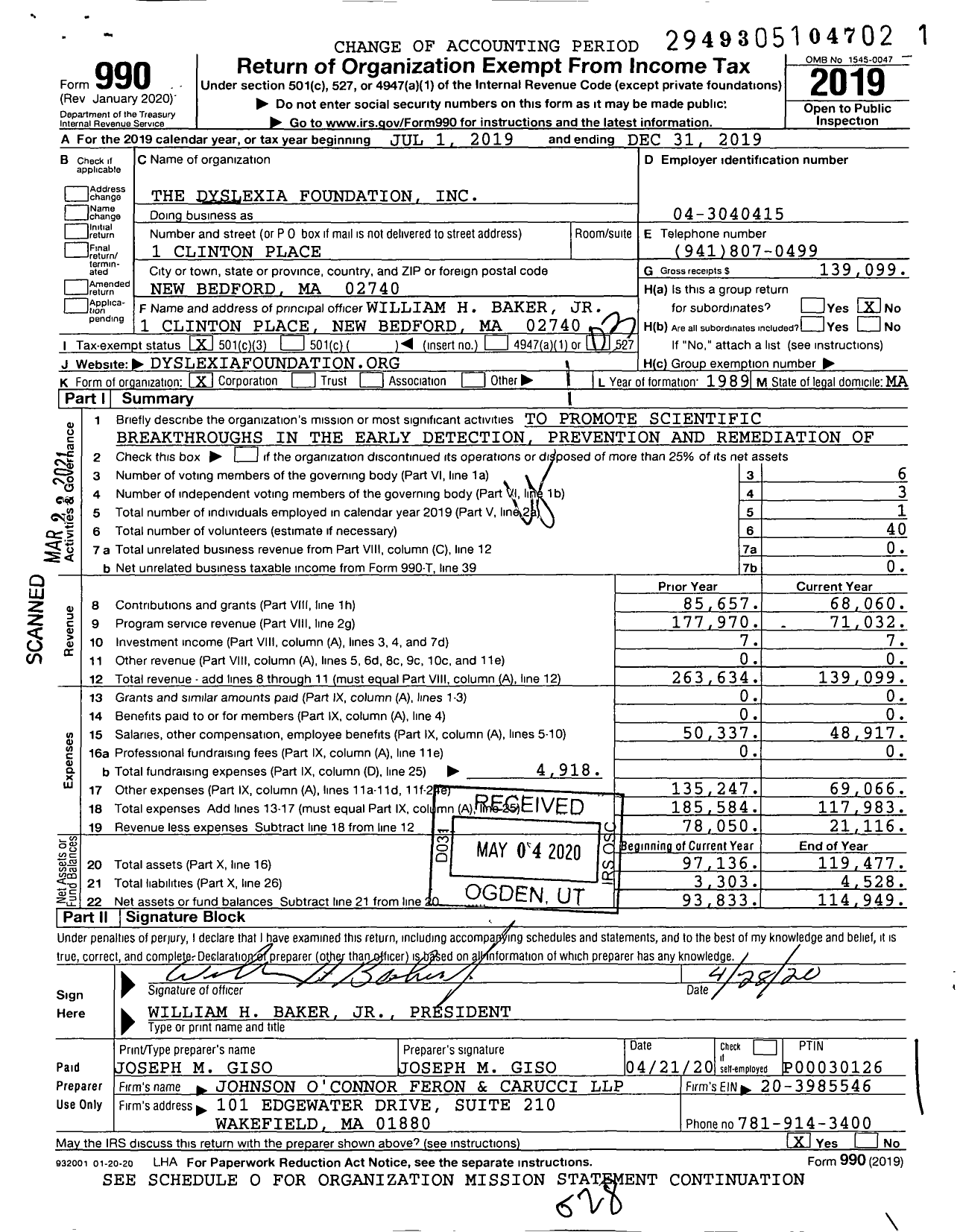 Image of first page of 2019 Form 990 for The Dyslexia Foundation