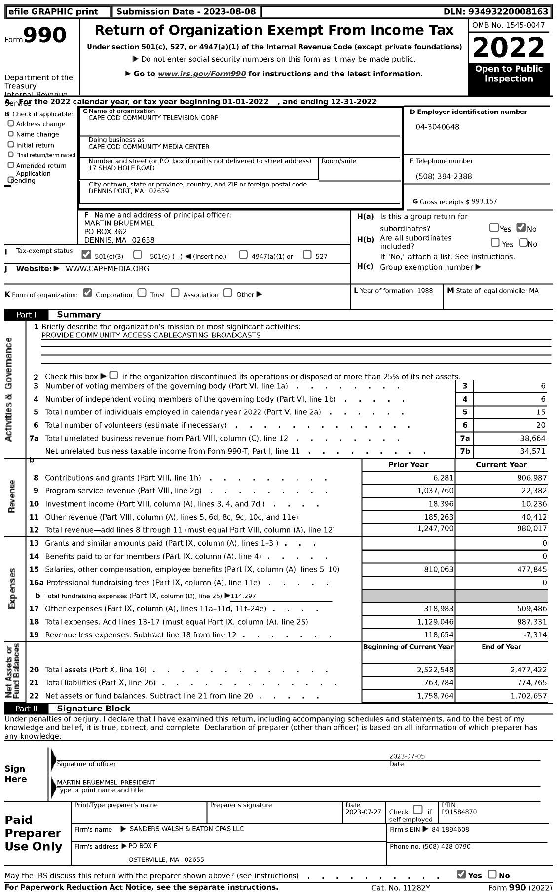 Image of first page of 2022 Form 990 for Cape Cod Community Media Center