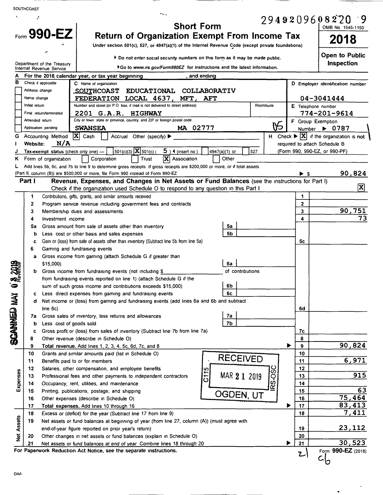 Image of first page of 2018 Form 990EO for American Federation of Teachers - 4637 S Coast Edu Collaborative Fed