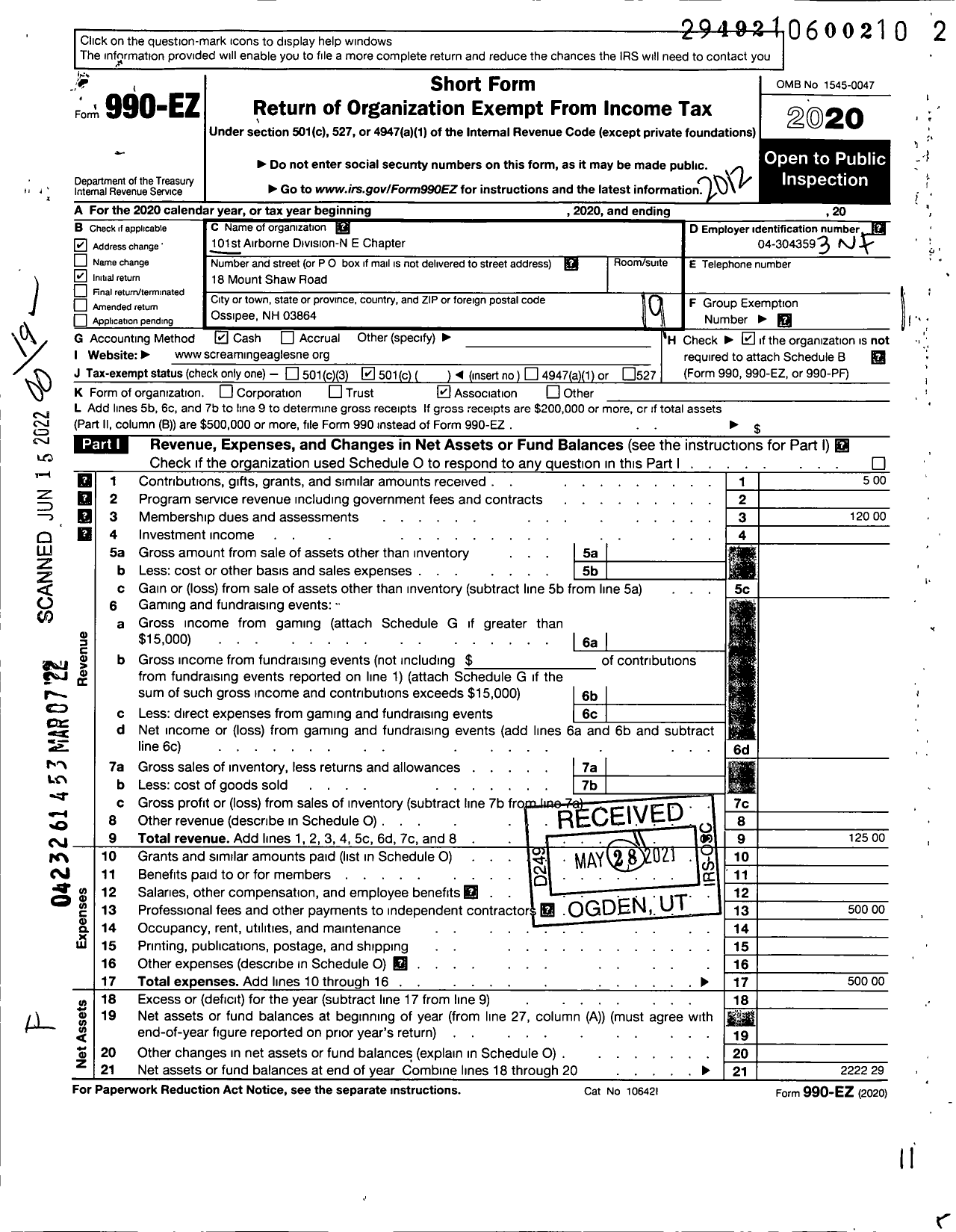 Image of first page of 2020 Form 990EO for 101st Airborne Division Association New England Chapter