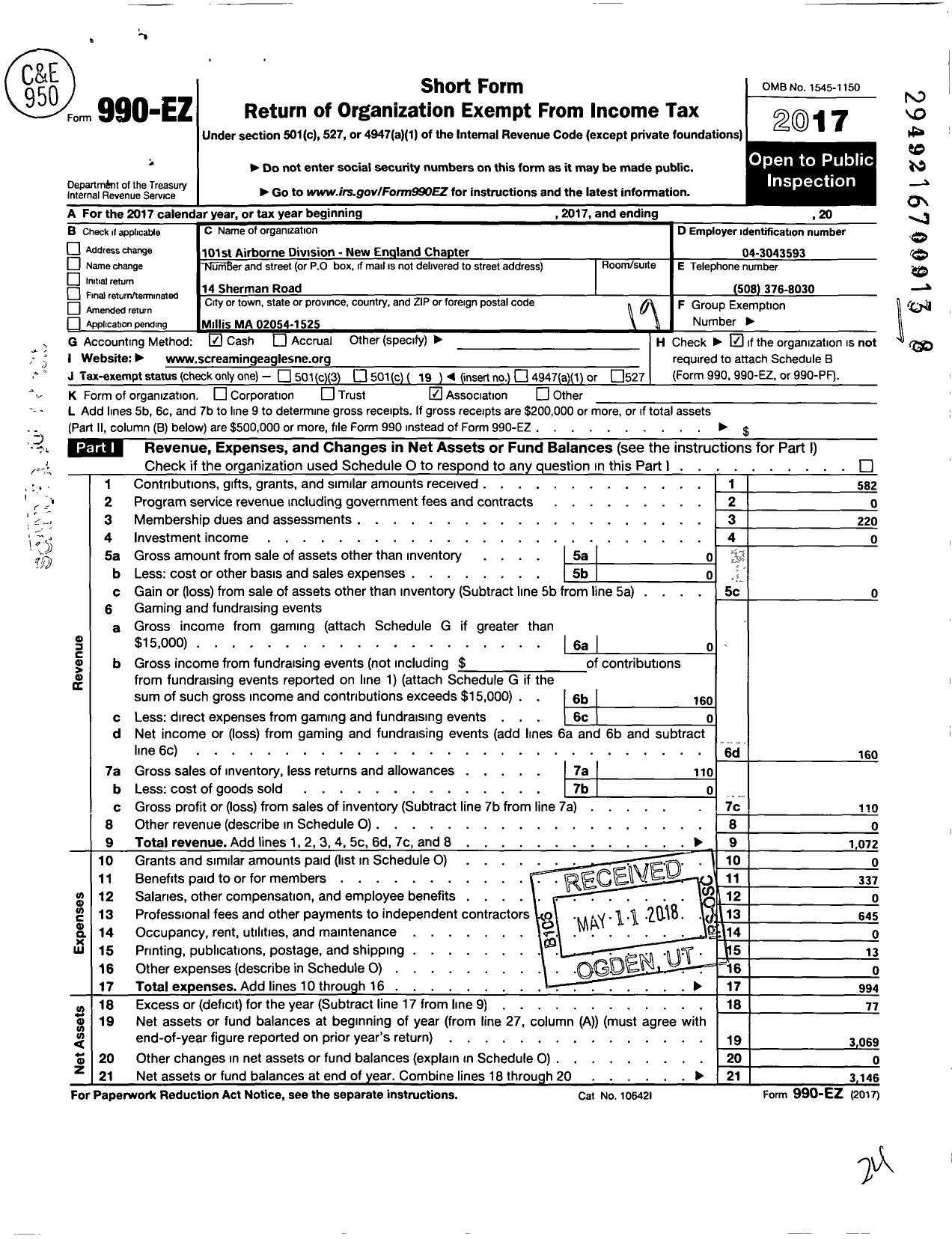 Image of first page of 2017 Form 990EO for 101st Airborne Division Association New England Chapter