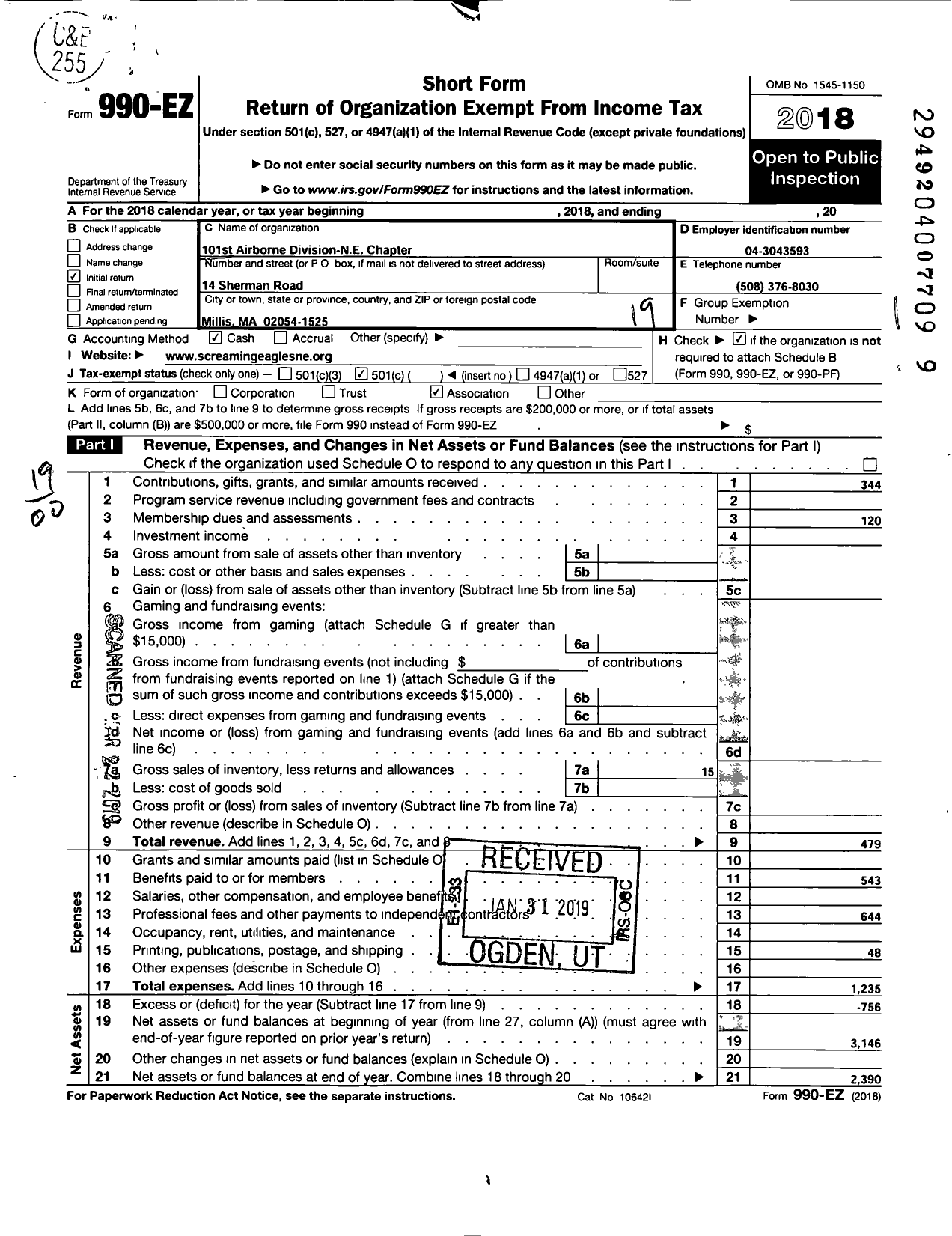 Image of first page of 2018 Form 990EO for 101st Airborne Division Association New England Chapter