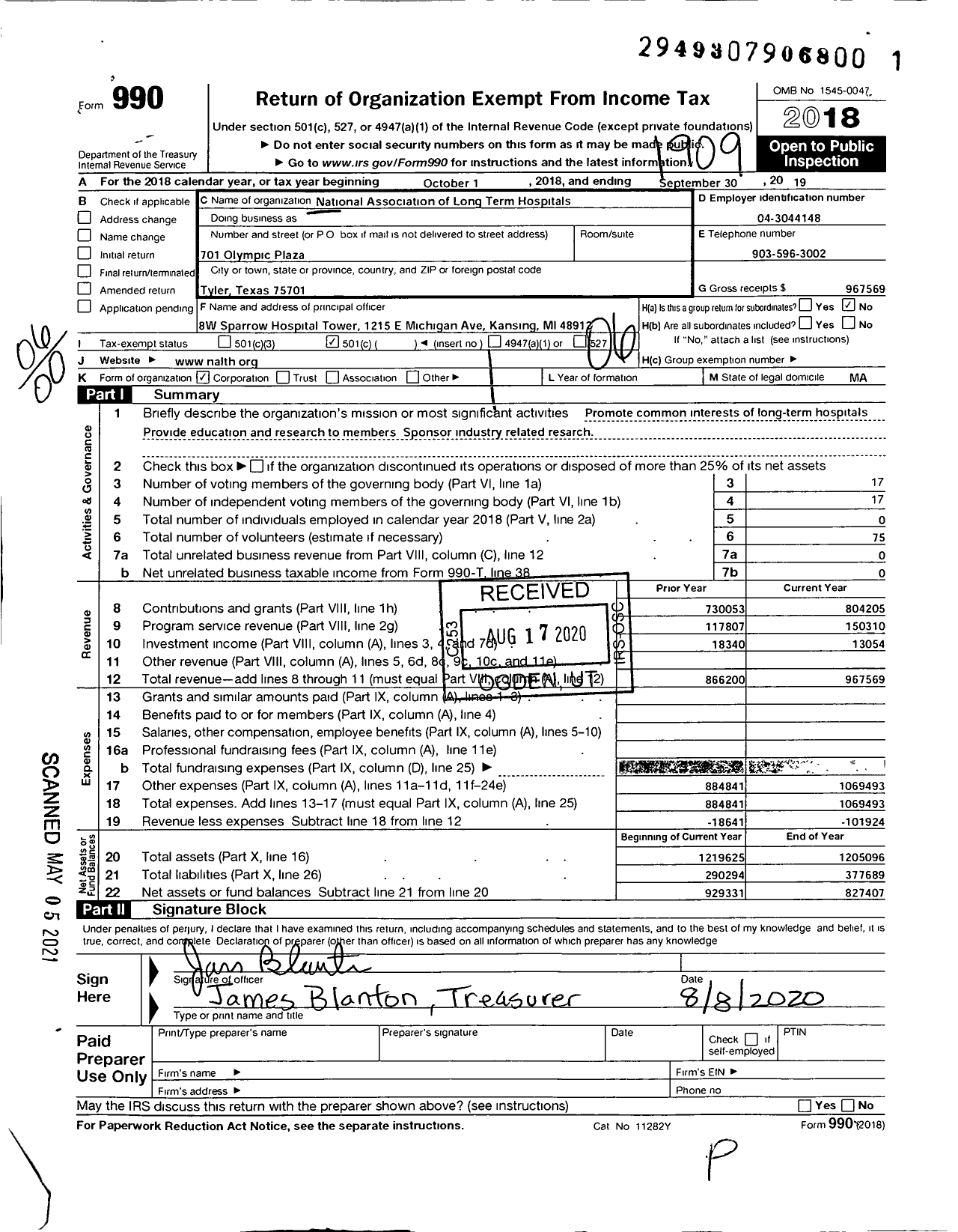 Image of first page of 2018 Form 990O for National Associates of Long Term Hospitals (NALTH)