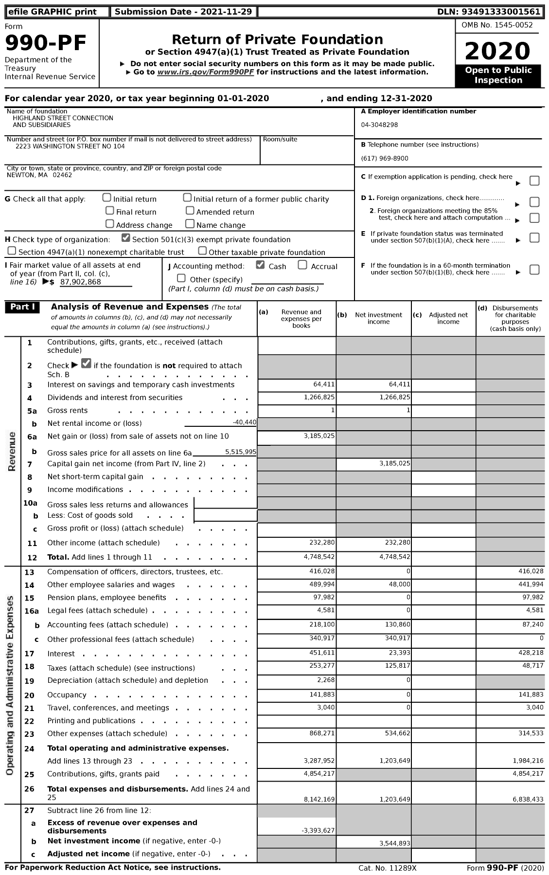 Image of first page of 2020 Form 990PF for Highland Street Connection and Subsidiaries