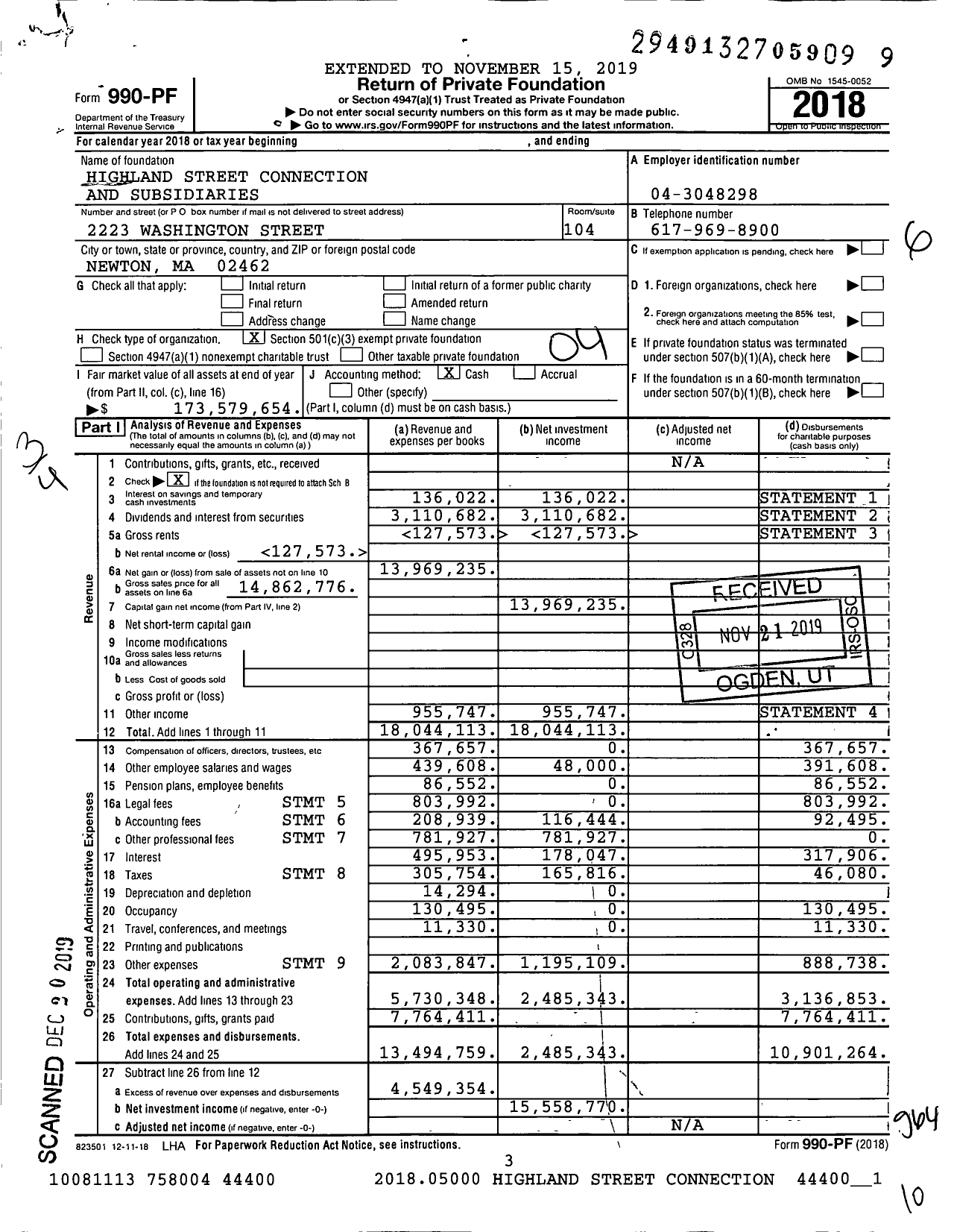 Image of first page of 2018 Form 990PF for Highland Street Connection and Subsidiaries
