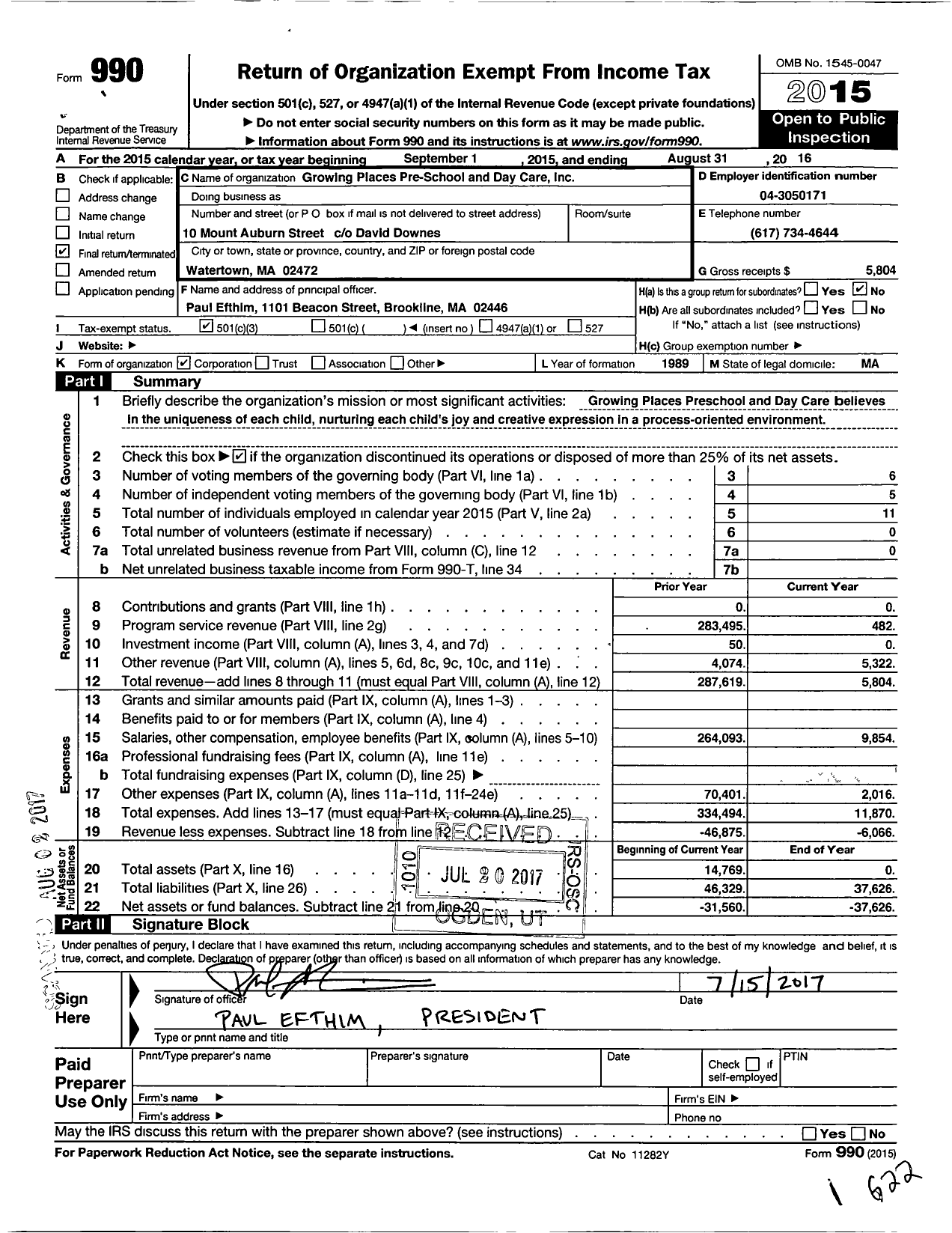 Image of first page of 2015 Form 990 for Growing Places Pre-School and Day Care