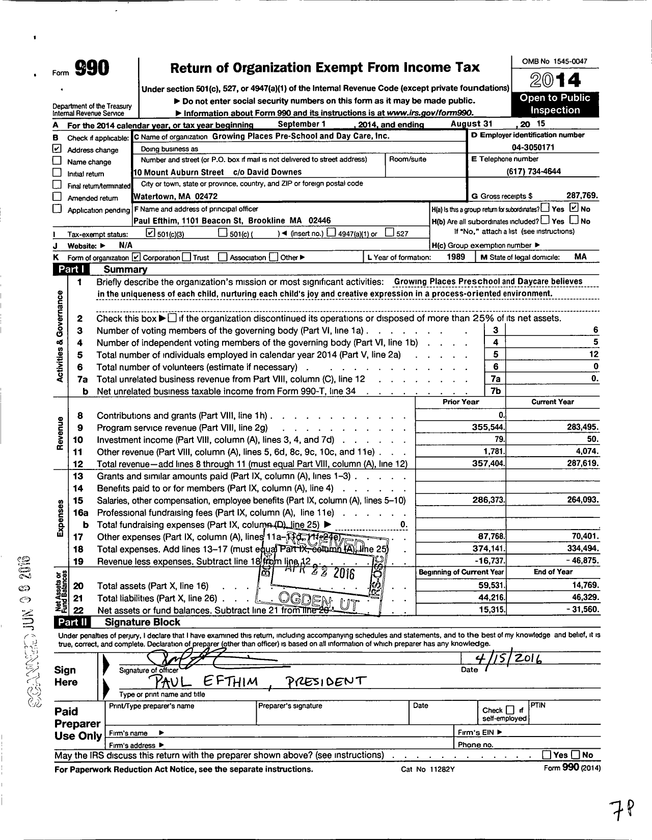 Image of first page of 2014 Form 990 for Growing Places Pre-School and Day Care