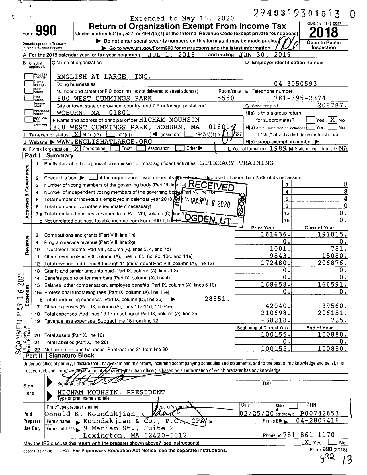 Image of first page of 2018 Form 990 for English at Large