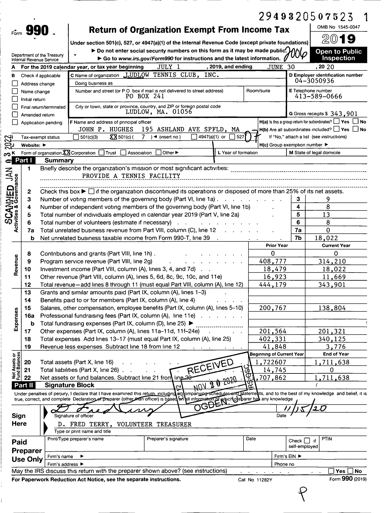 Image of first page of 2019 Form 990O for Ludlow Tennis Club