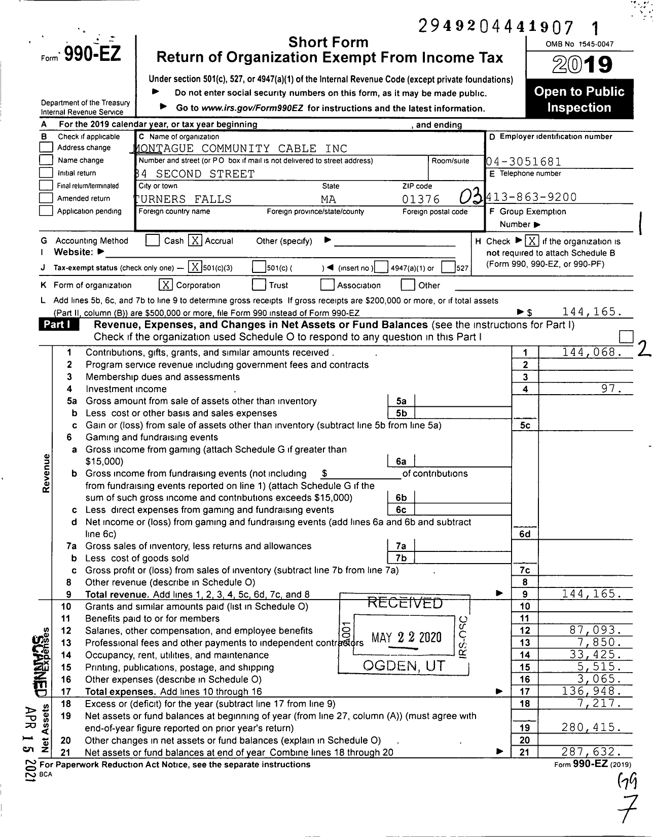 Image of first page of 2019 Form 990EZ for Montague Community Cable
