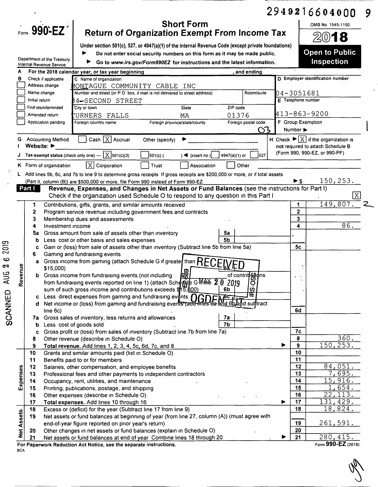 Image of first page of 2018 Form 990EZ for Montague Community Cable