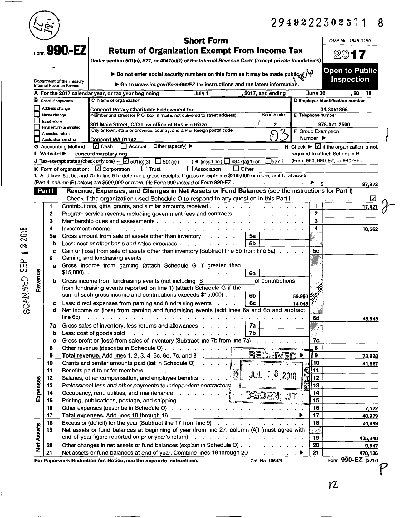 Image of first page of 2017 Form 990EZ for Concord Rotary Charitable Endowment