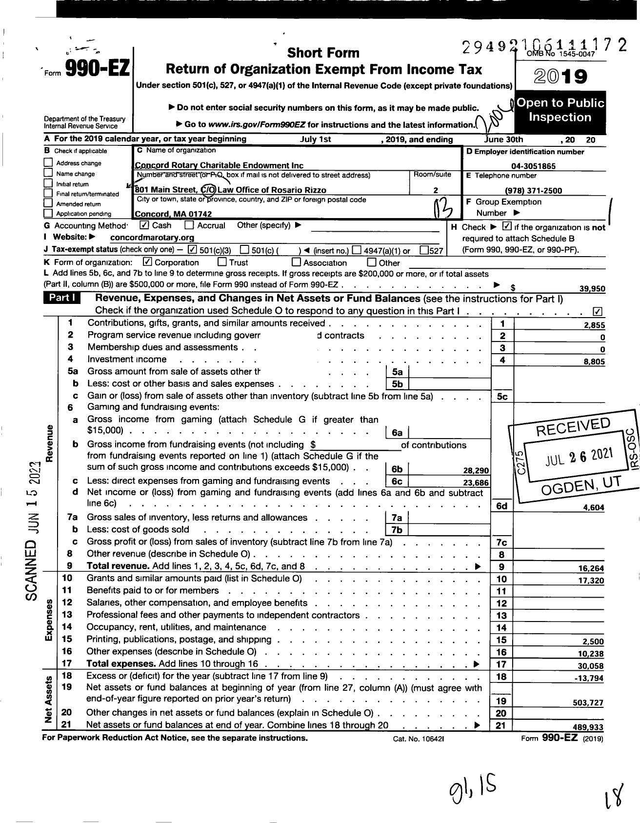 Image of first page of 2019 Form 990EZ for Concord Rotary Charitable Endowment