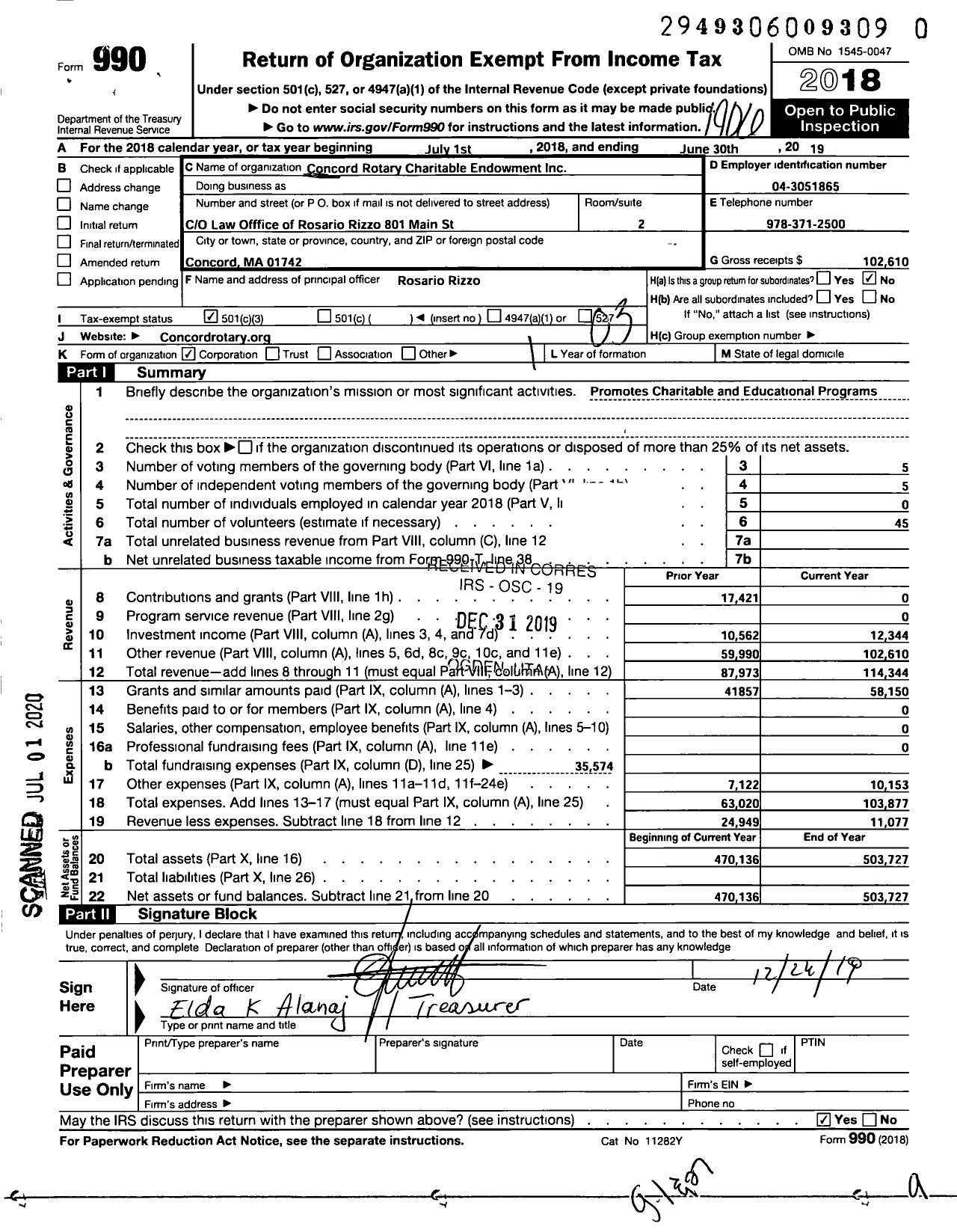 Image of first page of 2018 Form 990 for Concord Rotary Charitable Endowment