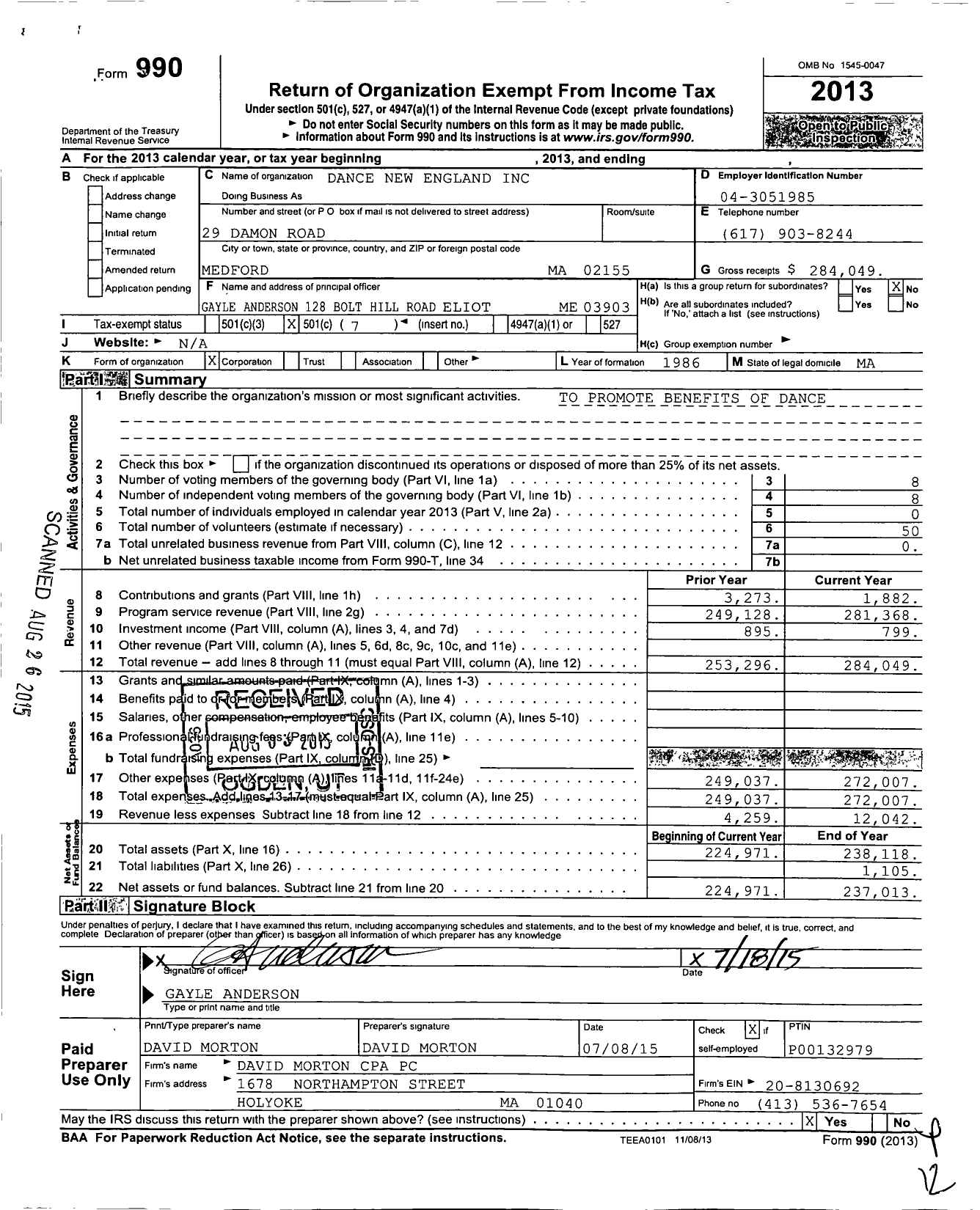 Image of first page of 2013 Form 990O for Dance New England