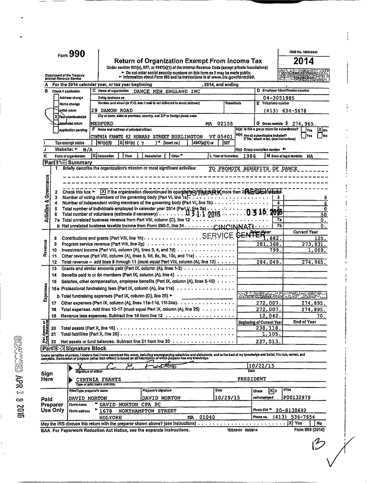 Image of first page of 2014 Form 990O for Dance New England