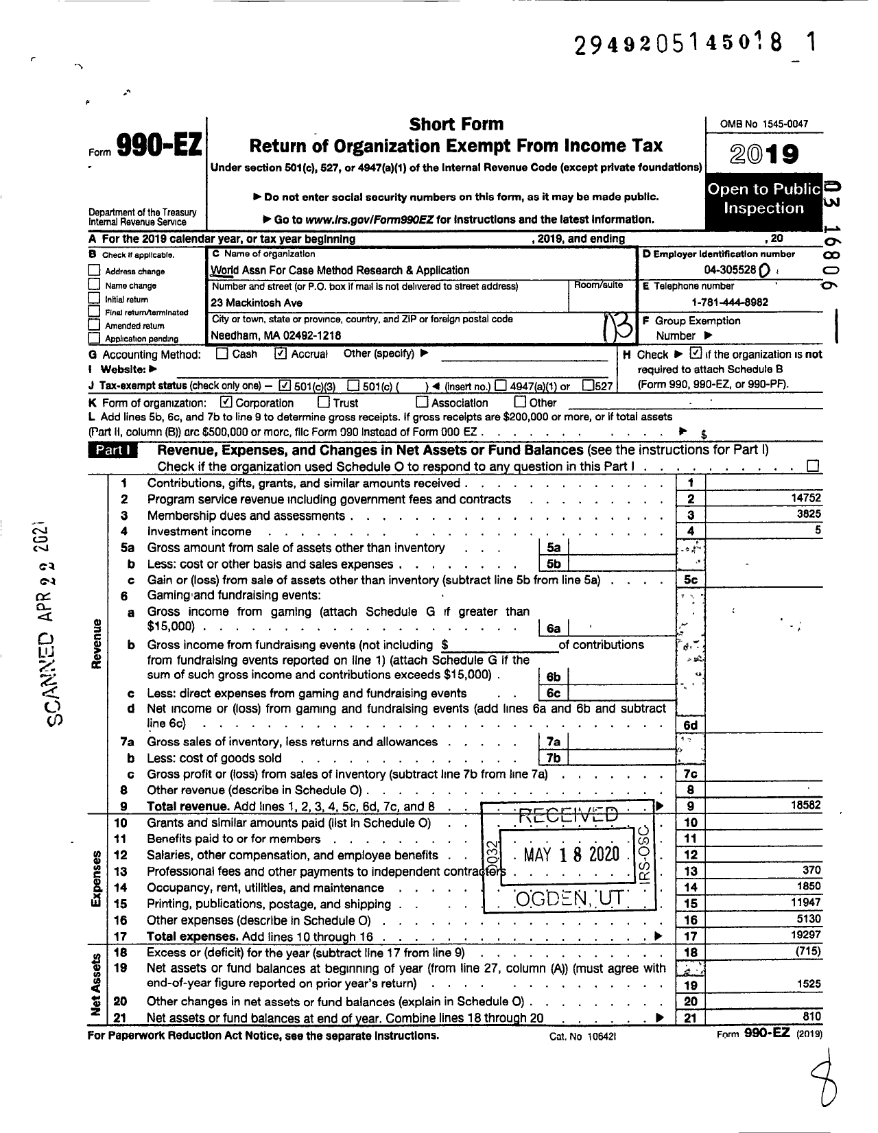 Image of first page of 2019 Form 990EZ for Wacra World Association for Case Method Research and Application