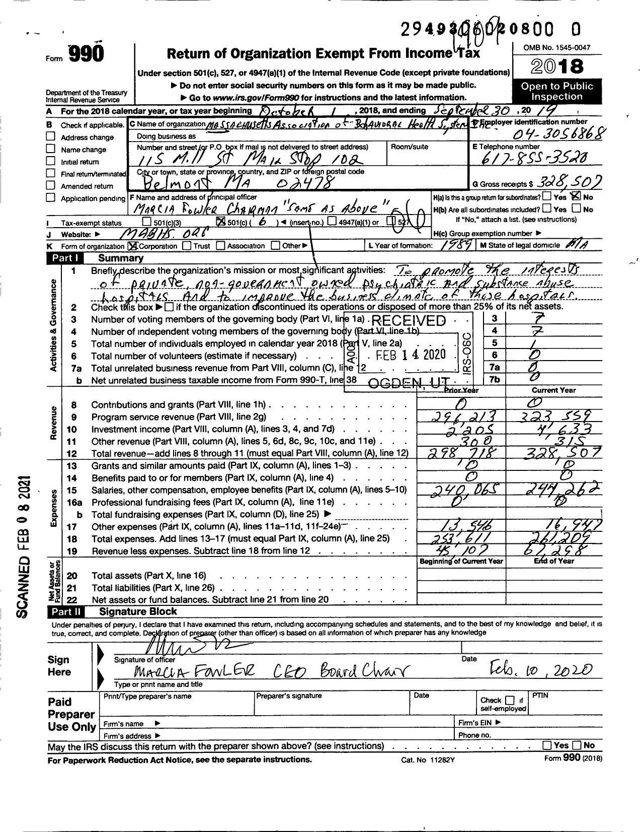 Image of first page of 2018 Form 990O for Massachusetts Association of Behavioral Health Systems