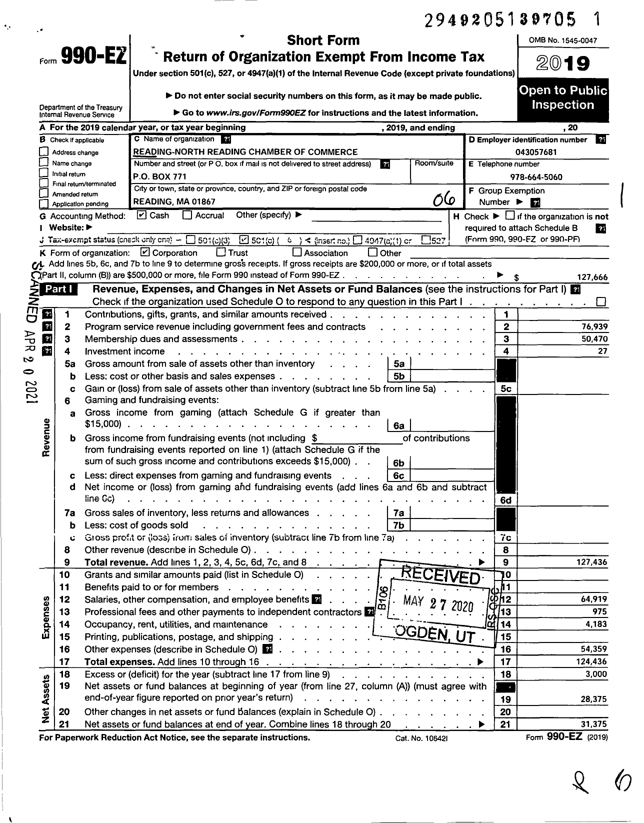 Image of first page of 2019 Form 990EO for Reading-North Reading Chamber of Commerce