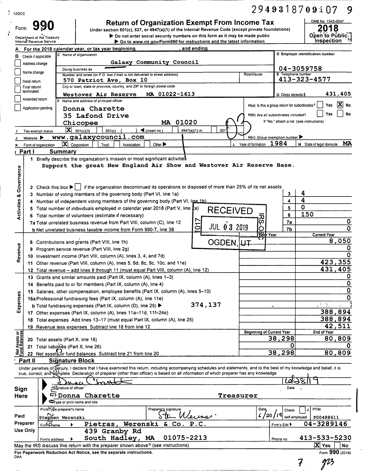 Image of first page of 2018 Form 990 for Galaxy Community Council