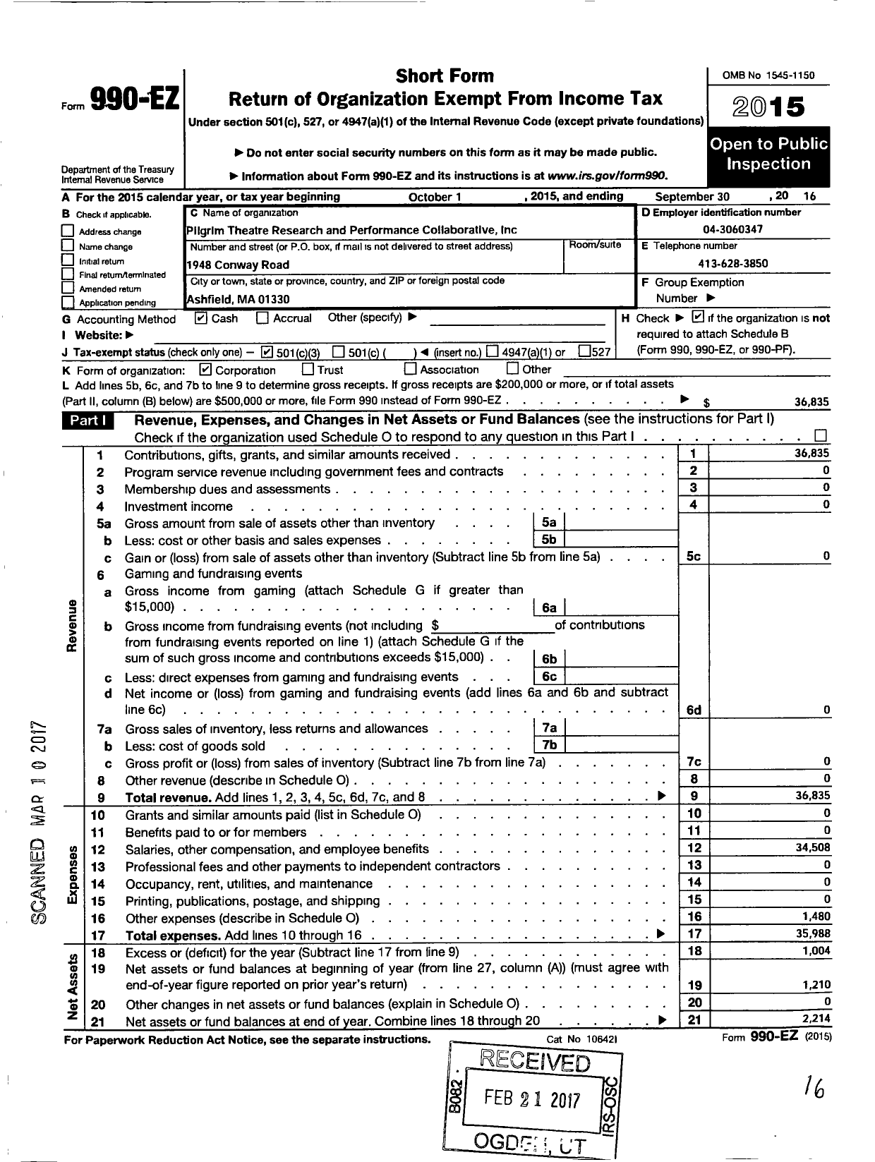 Image of first page of 2015 Form 990EZ for Pilgrim Theatre Research and Performance Collaborative
