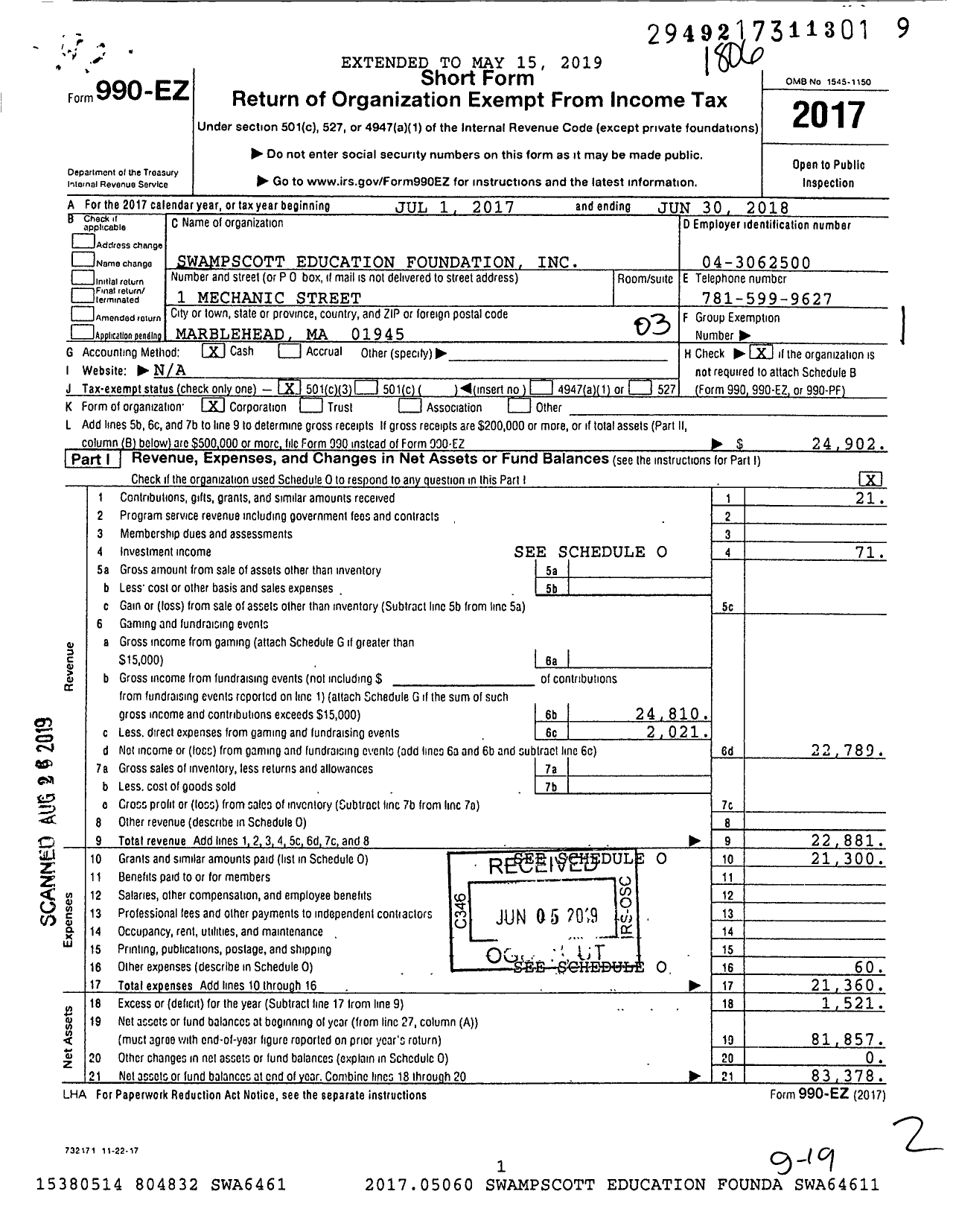 Image of first page of 2017 Form 990EZ for Swampscott Education Foundation