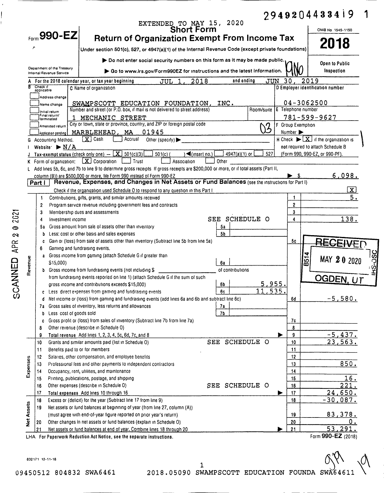 Image of first page of 2018 Form 990EZ for Swampscott Education Foundation