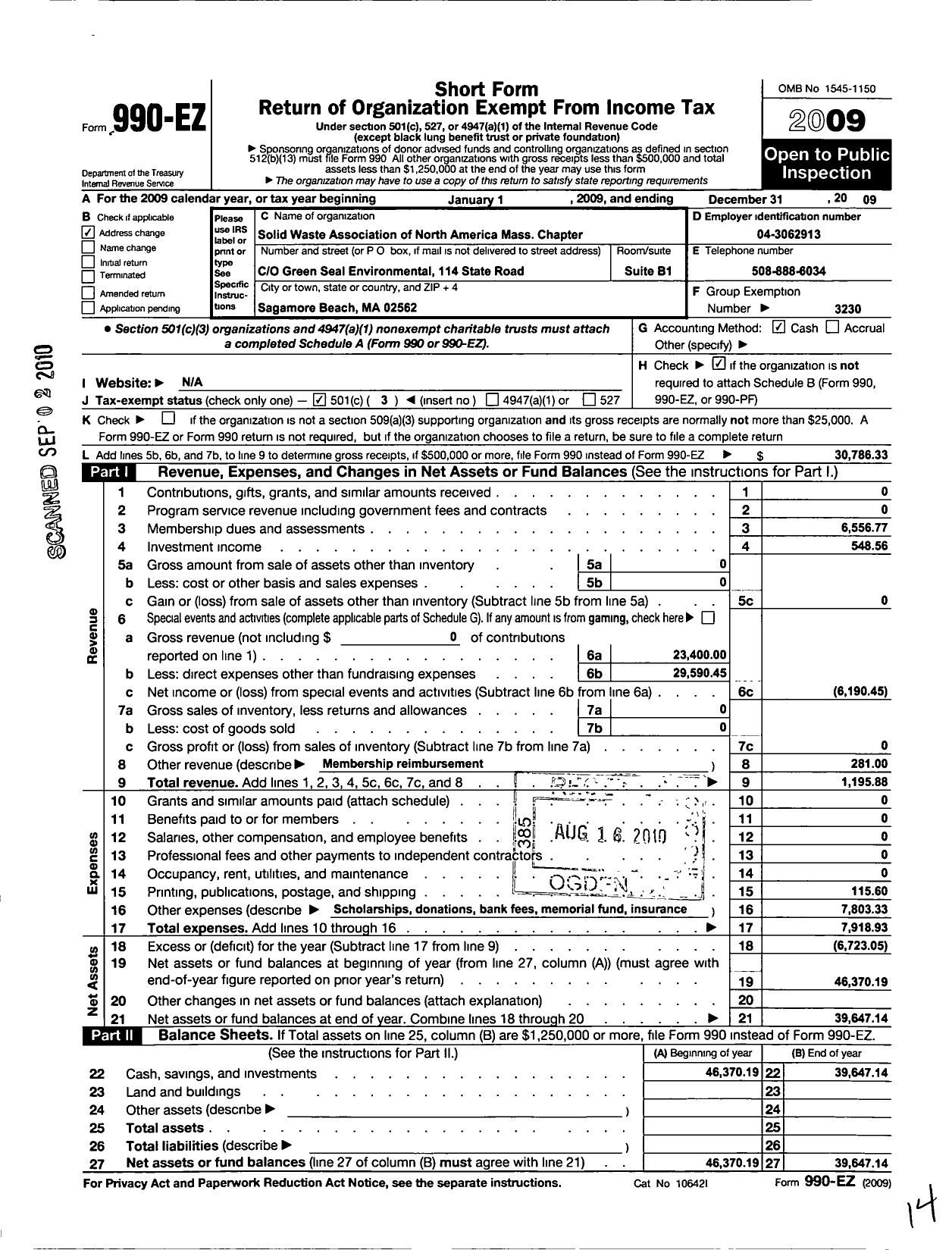 Image of first page of 2009 Form 990EZ for Solid Waste Association of North America / Southern New England Chapter