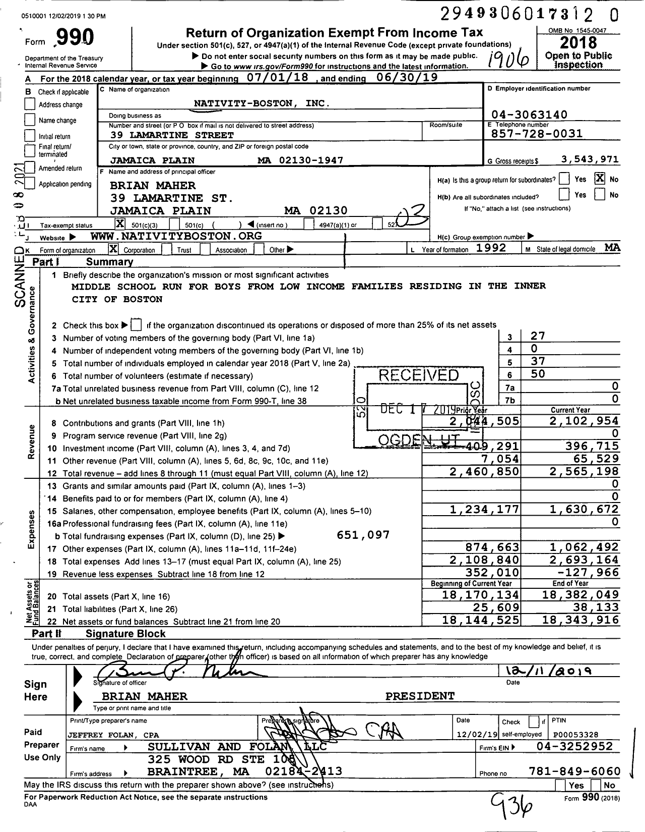 Image of first page of 2018 Form 990 for Nativity-Boston