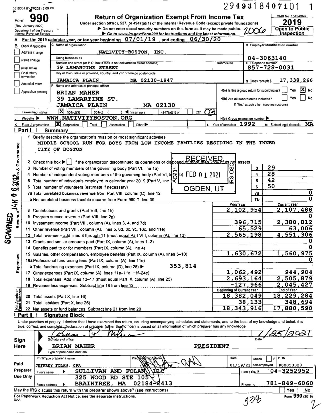 Image of first page of 2019 Form 990 for Nativity-Boston