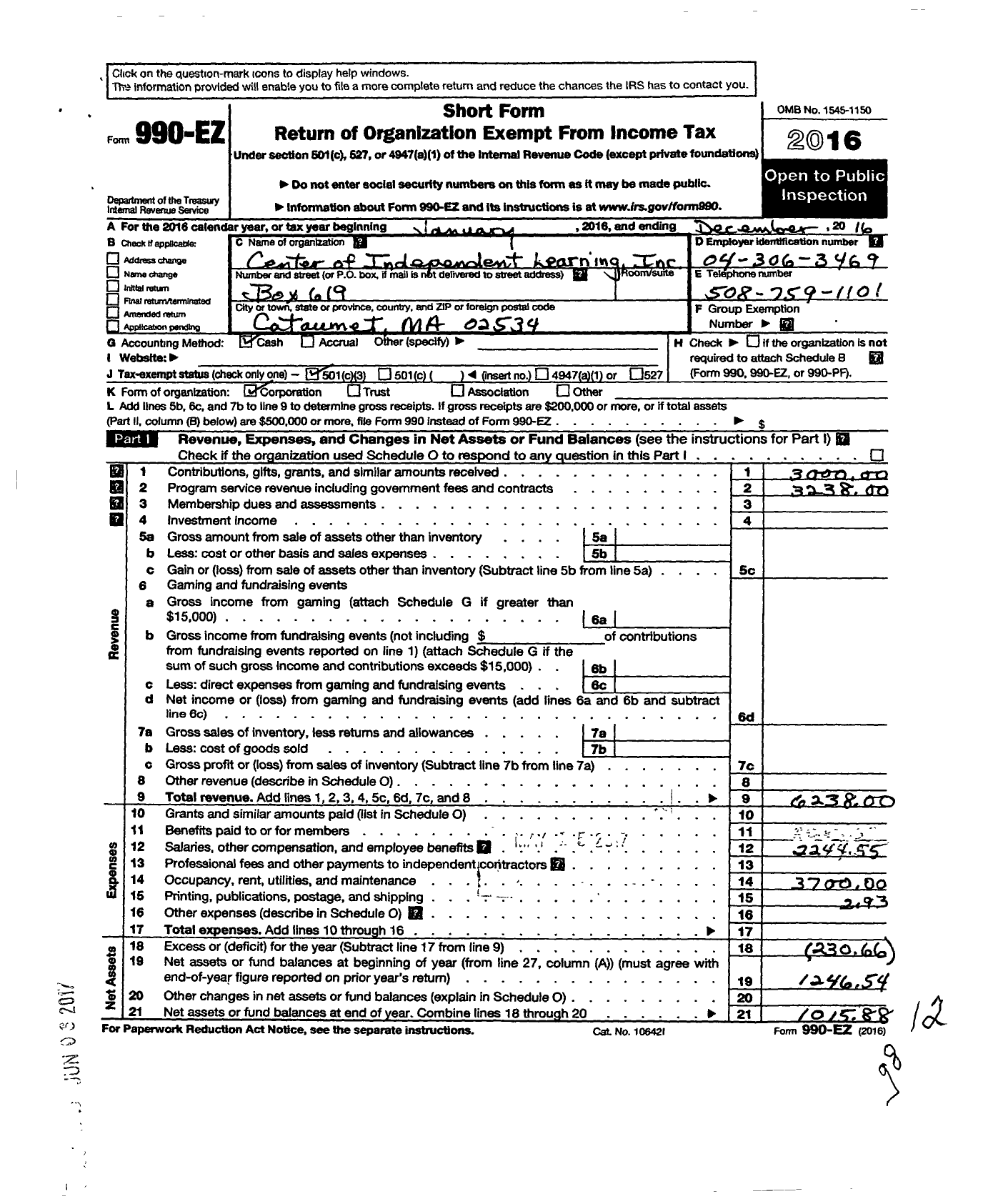 Image of first page of 2016 Form 990EZ for Center of Independent Learning
