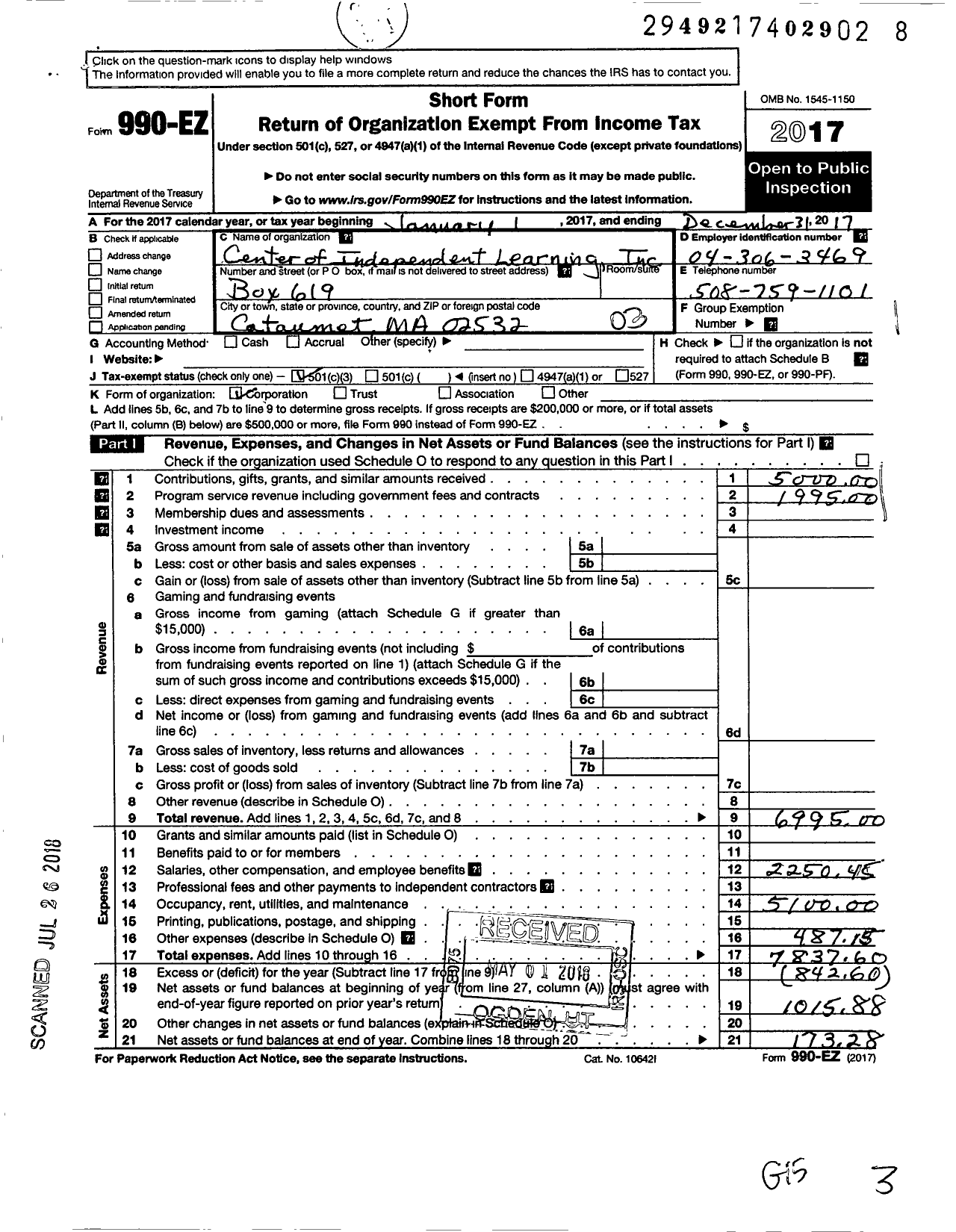 Image of first page of 2017 Form 990EZ for Center of Independent Learning