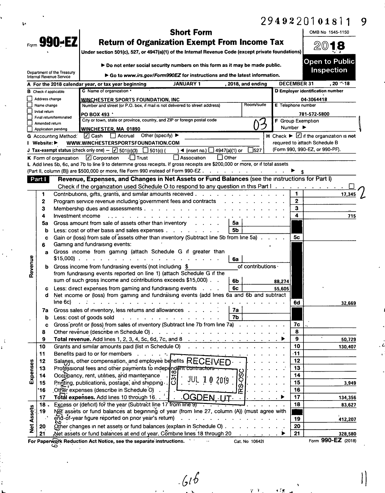 Image of first page of 2018 Form 990EZ for Winchester Sports Foundation