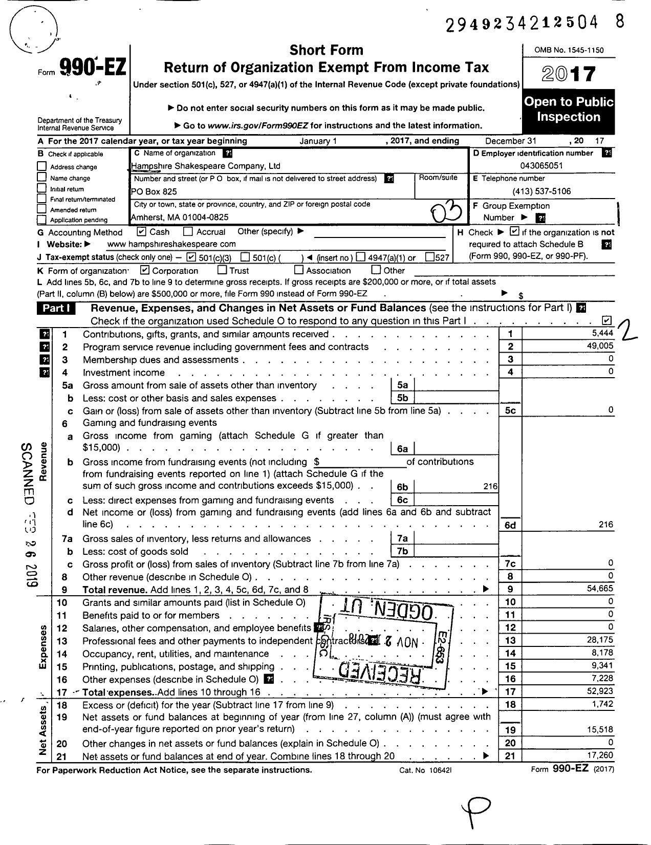 Image of first page of 2017 Form 990EZ for Hampshire Shakespeare Company