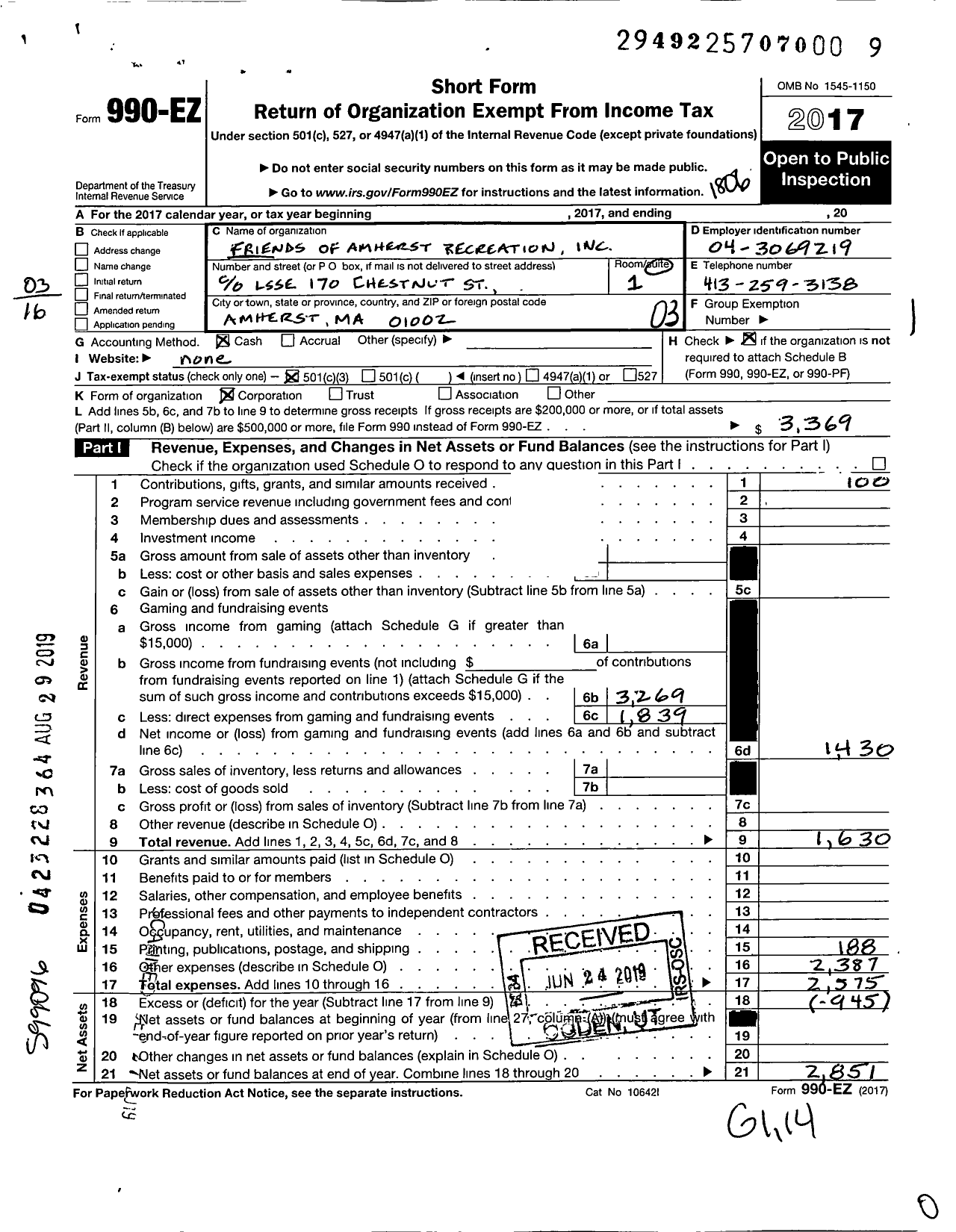 Image of first page of 2017 Form 990EZ for Friends of Amherst Recreation