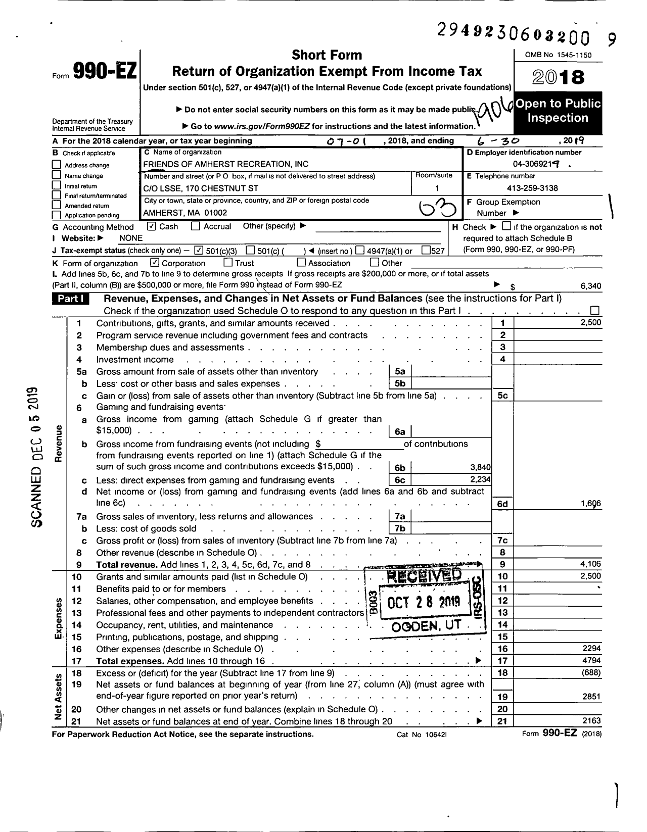 Image of first page of 2018 Form 990EZ for Friends of Amherst Recreation