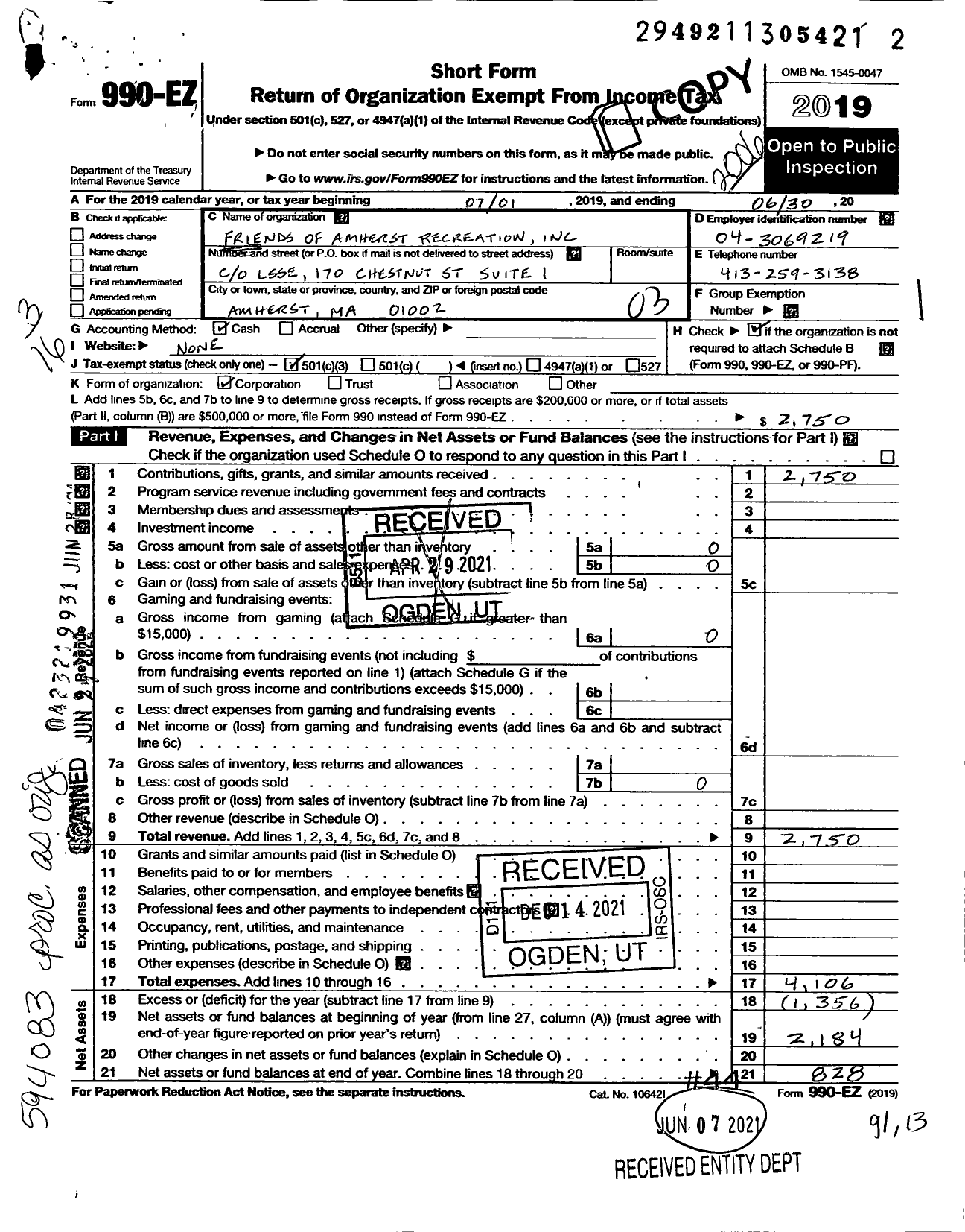 Image of first page of 2019 Form 990EZ for Friends of Amherst Recreation