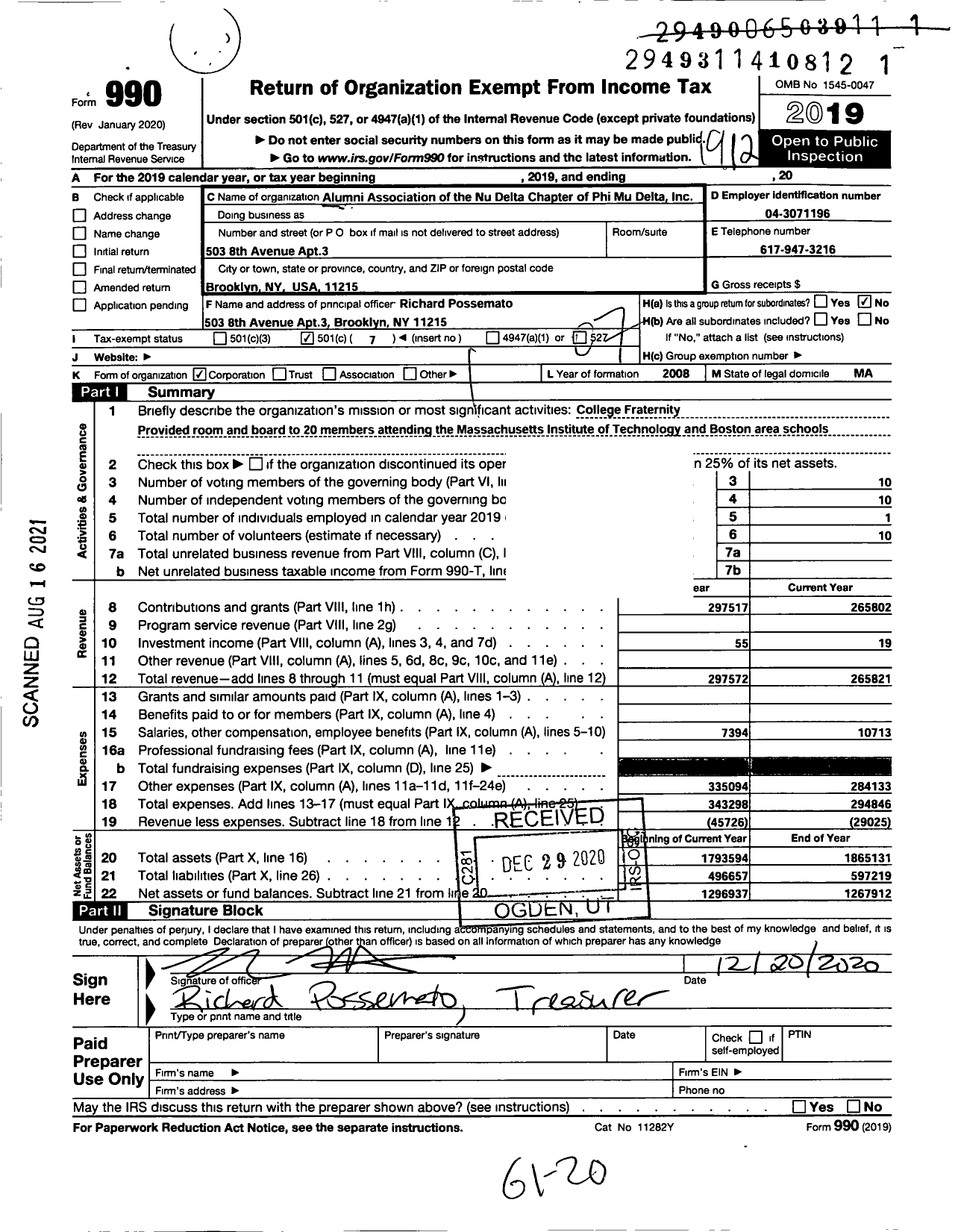 Image of first page of 2019 Form 990O for Alumni Association of the Nu Delta Chapter of Phi Mu Delta Fraternity