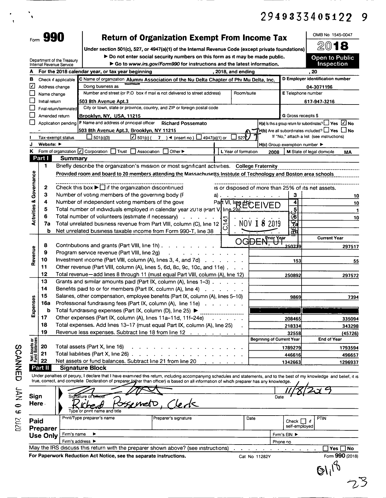 Image of first page of 2018 Form 990O for Alumni Association of the Nu Delta Chapter of Phi Mu Delta Fraternity