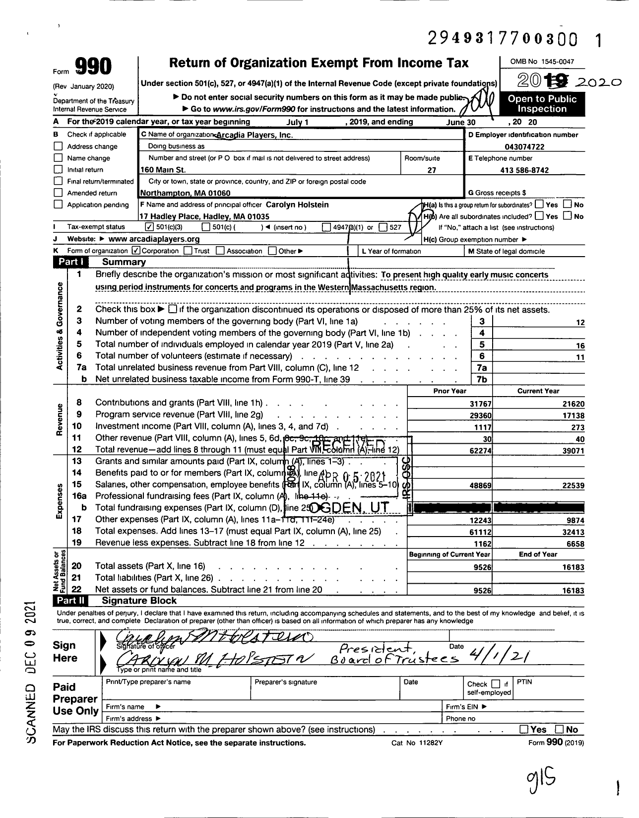 Image of first page of 2019 Form 990 for Arcadia Players