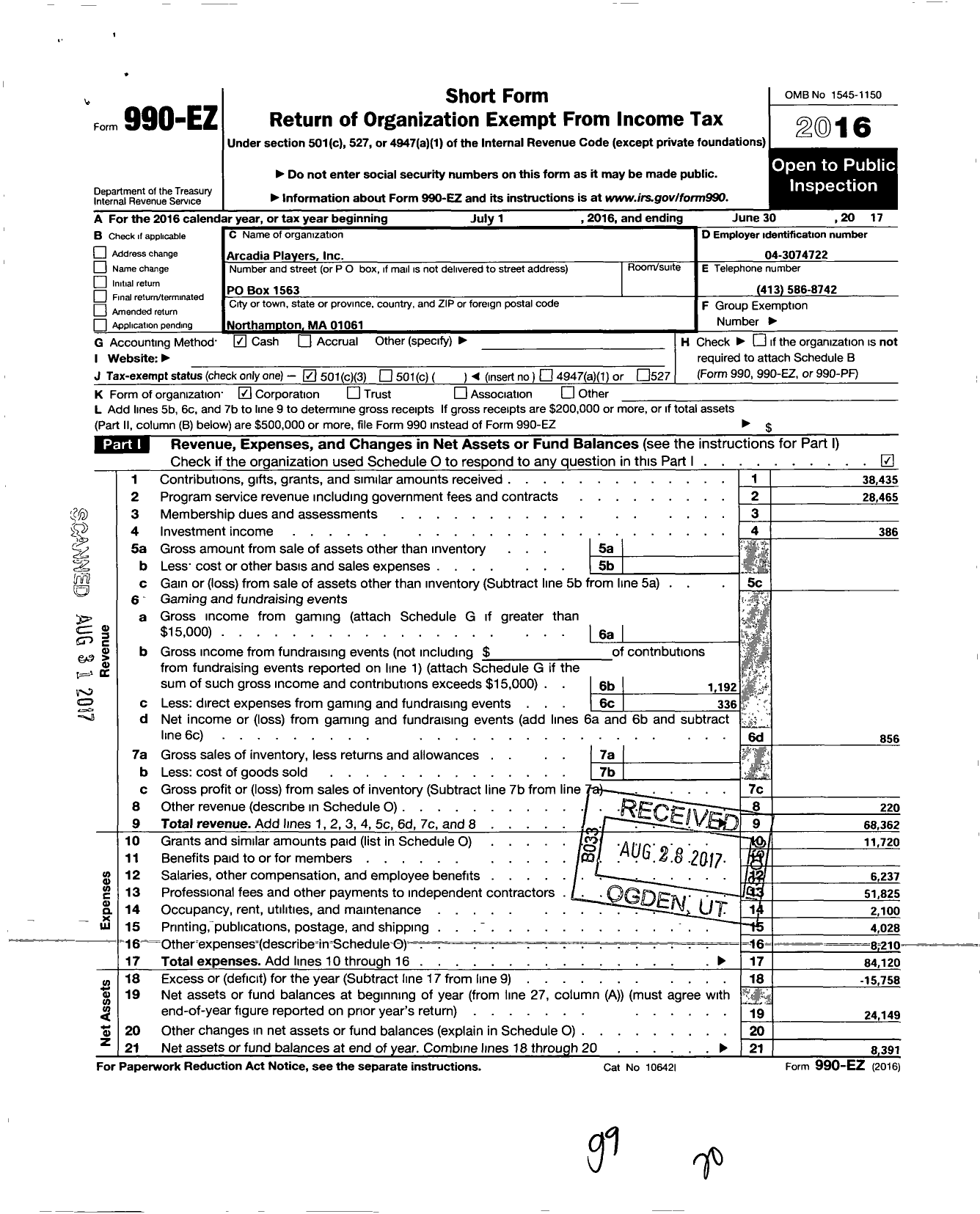 Image of first page of 2016 Form 990EZ for Arcadia Players