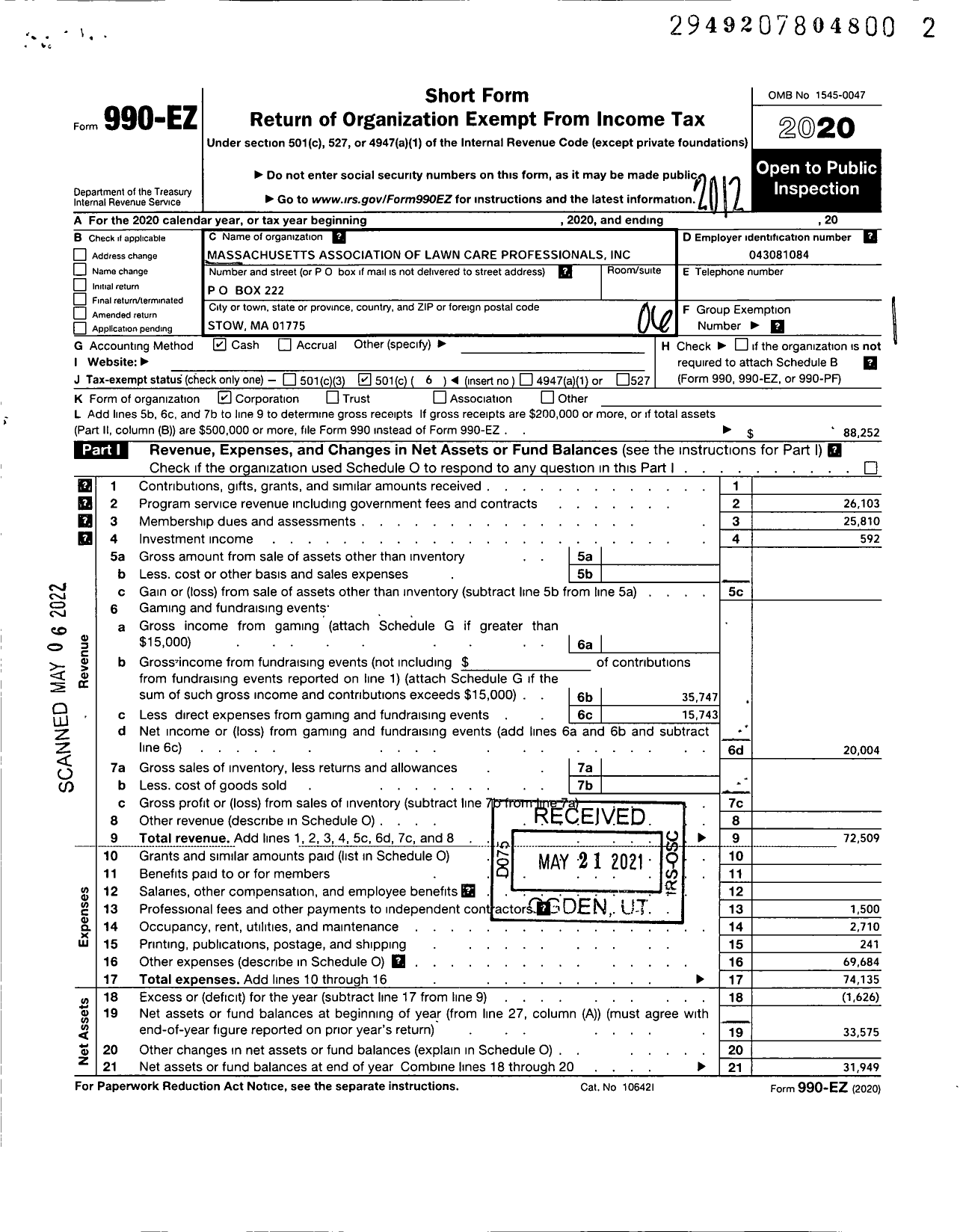Image of first page of 2020 Form 990EO for Massachusetts Association of Lawn Care Professionals (MALCP)