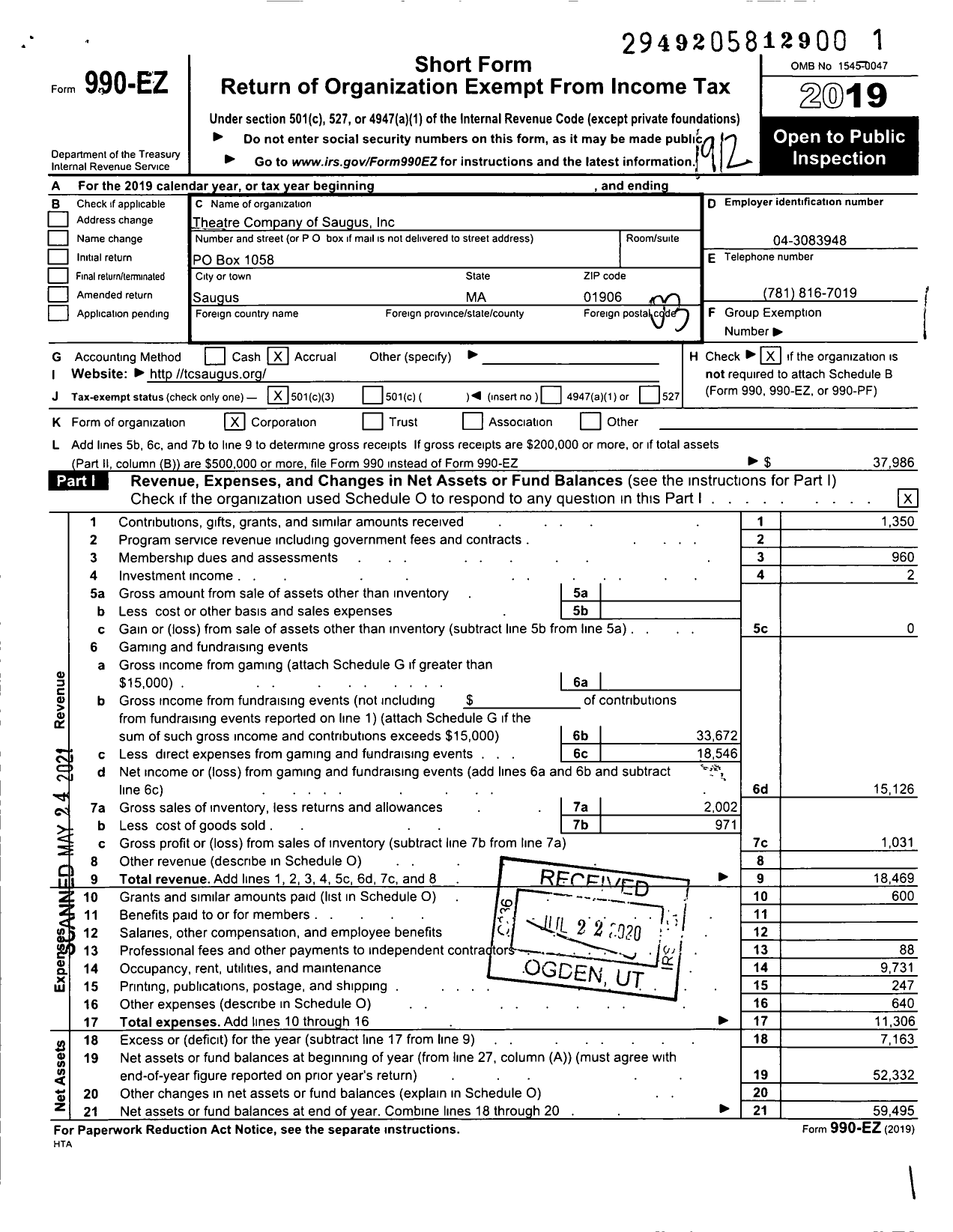 Image of first page of 2019 Form 990EZ for Theatre Company of Saugus