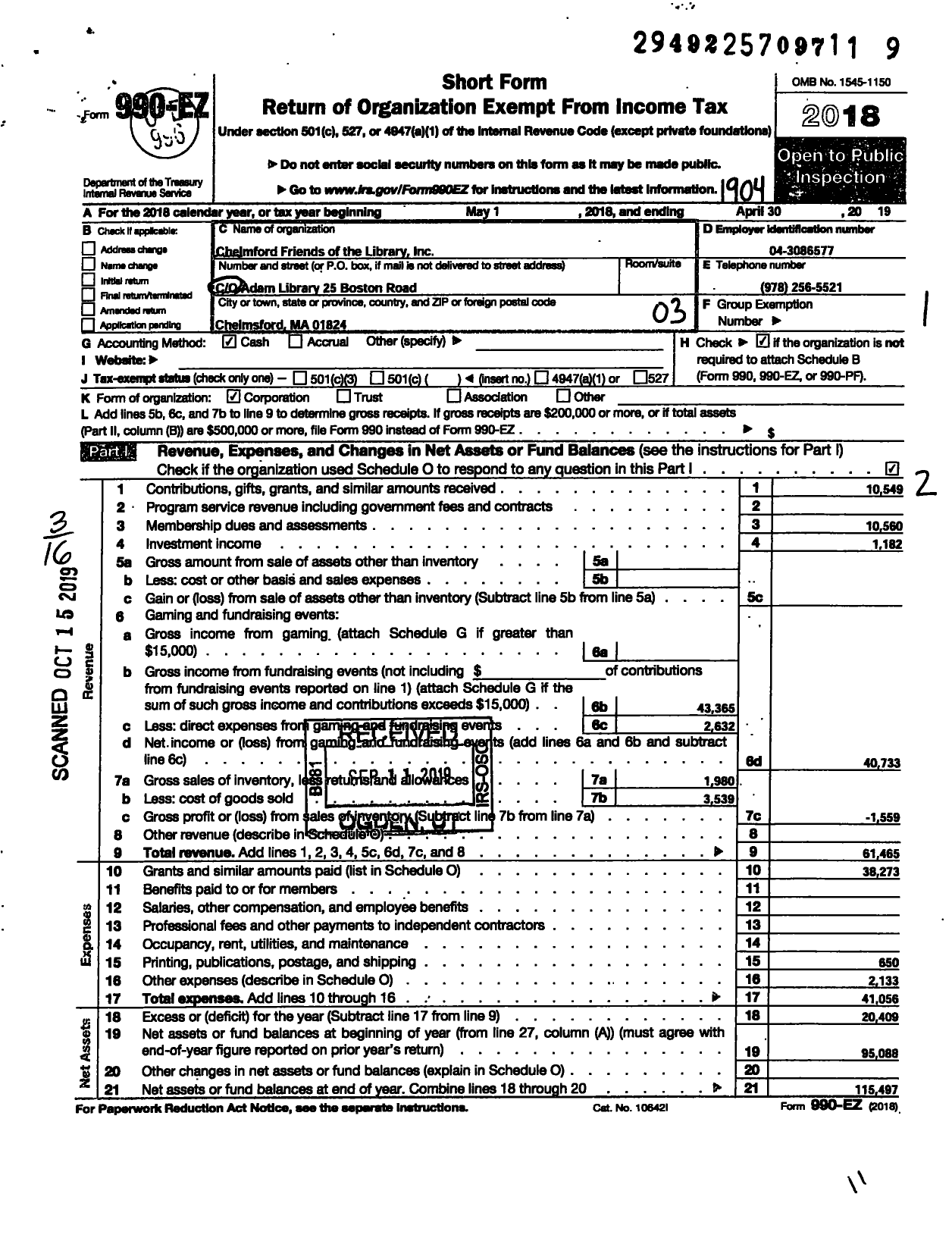 Image of first page of 2018 Form 990EZ for Chelmsford Friends of the Library