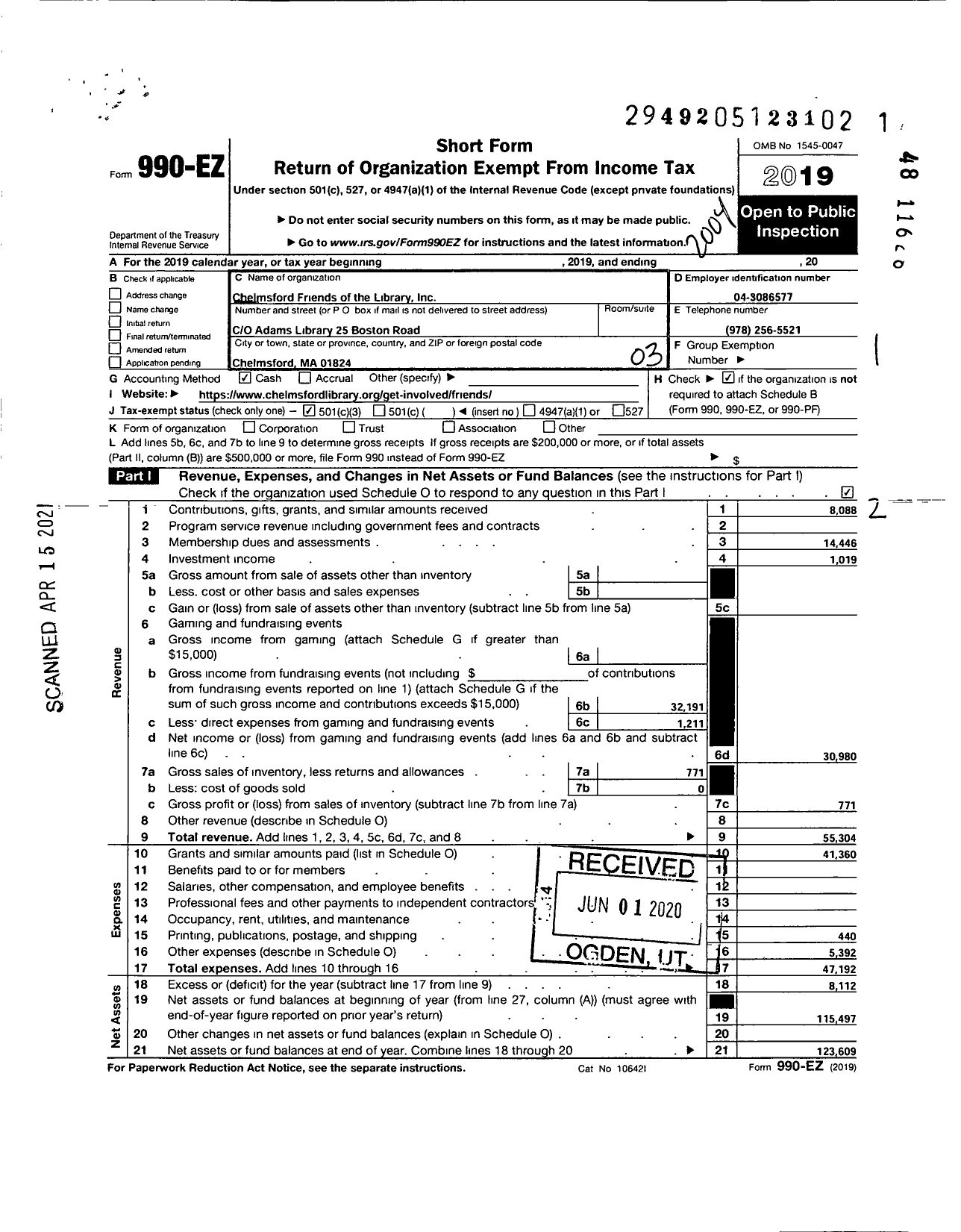 Image of first page of 2019 Form 990EZ for Chelmsford Friends of the Library