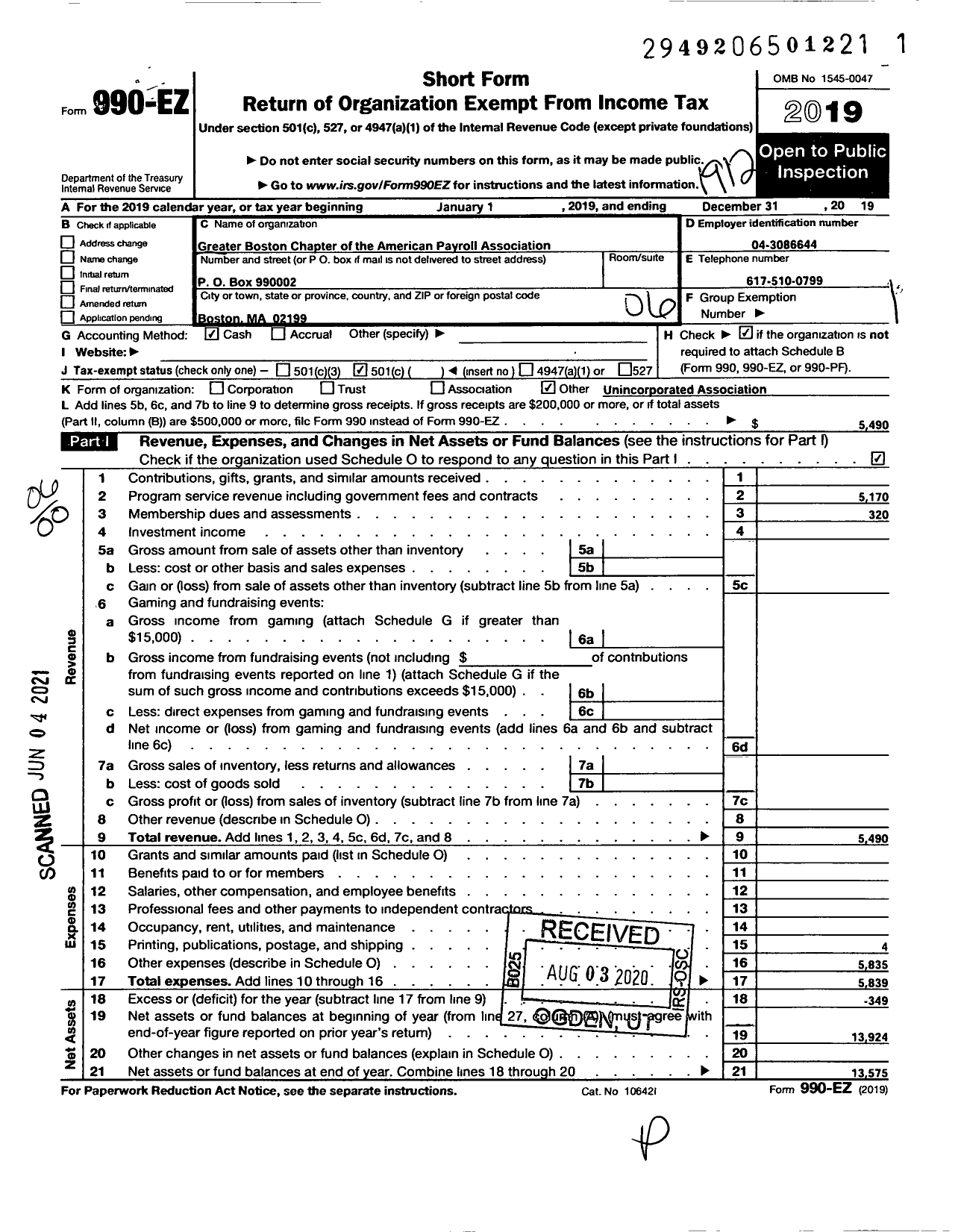 Image of first page of 2019 Form 990EO for The Greater Boston Chapter of the American Payroll Association