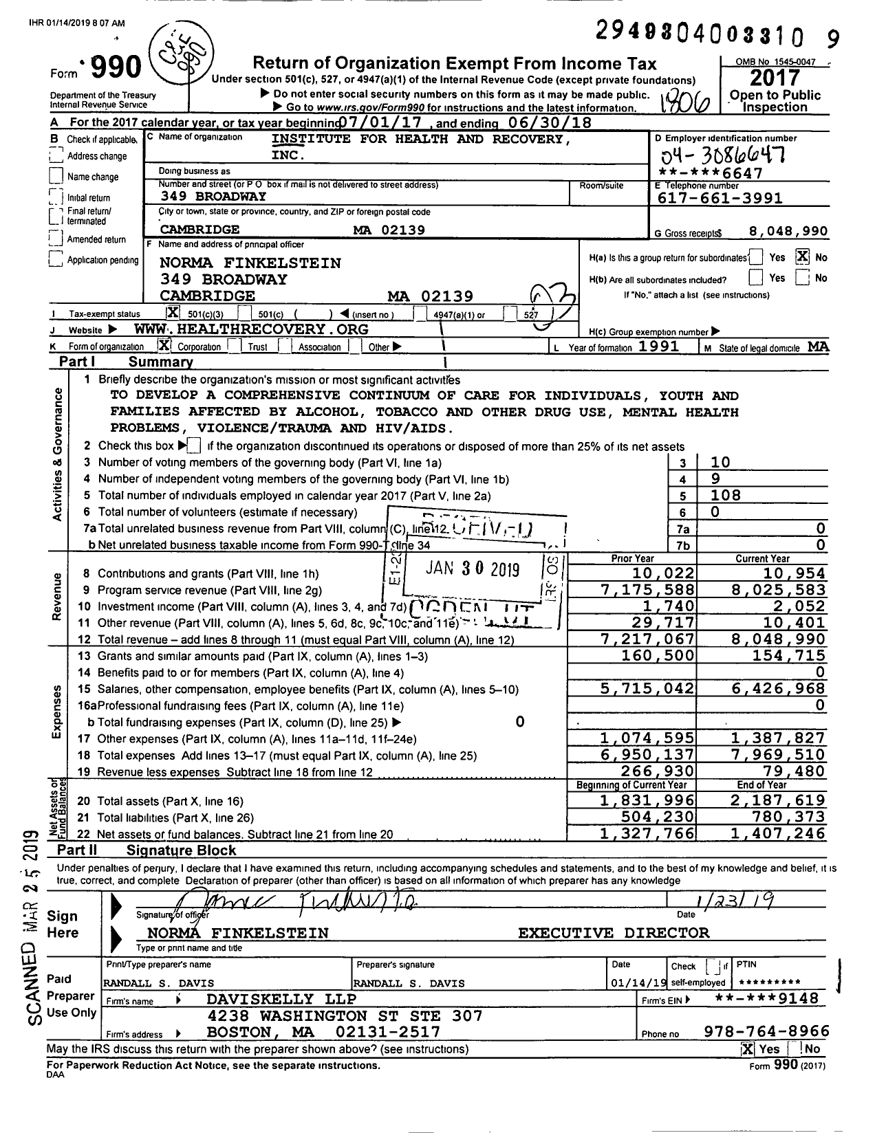 Image of first page of 2017 Form 990 for Institute for Health and Recovery (IHR)