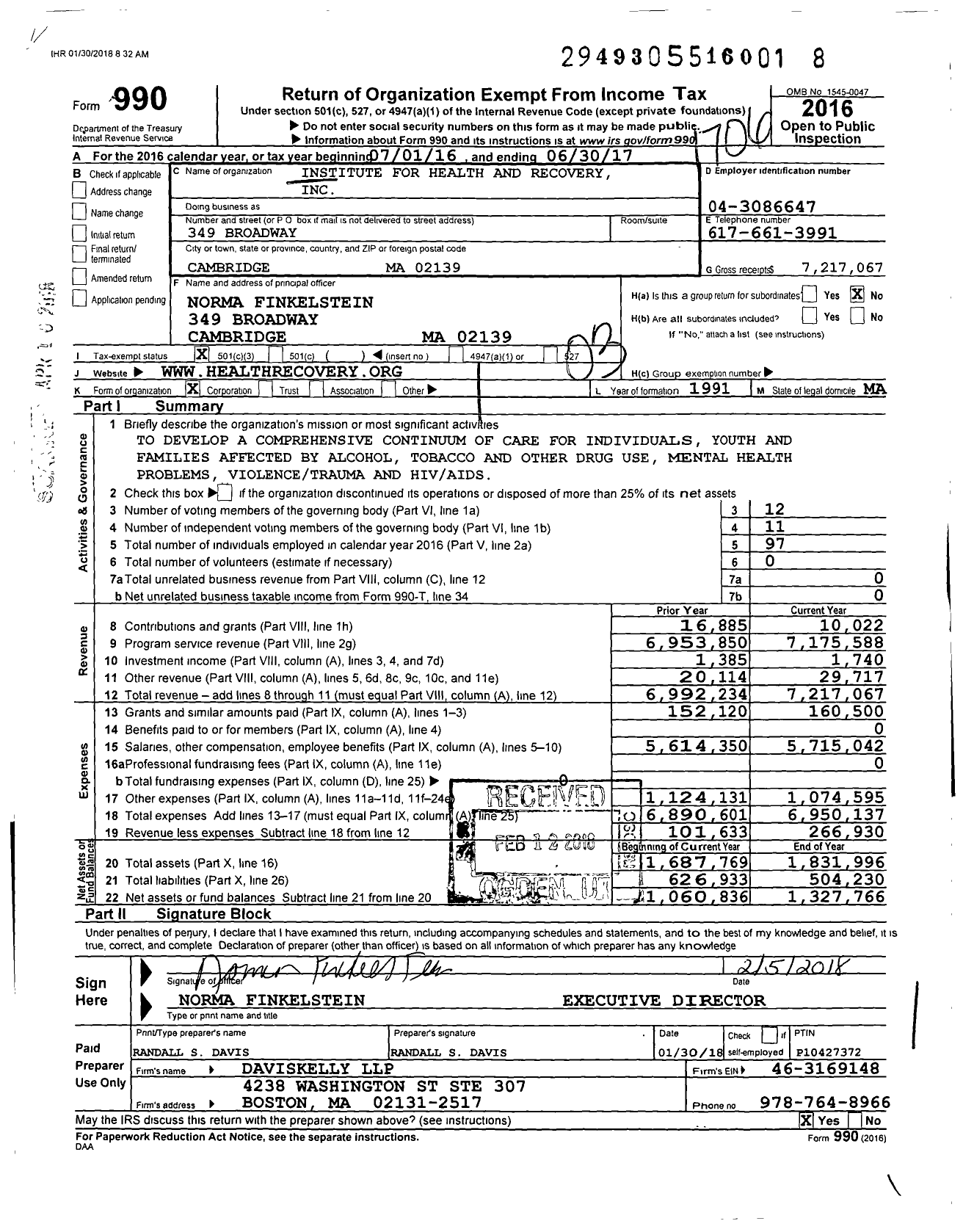 Image of first page of 2016 Form 990 for Institute for Health and Recovery (IHR)