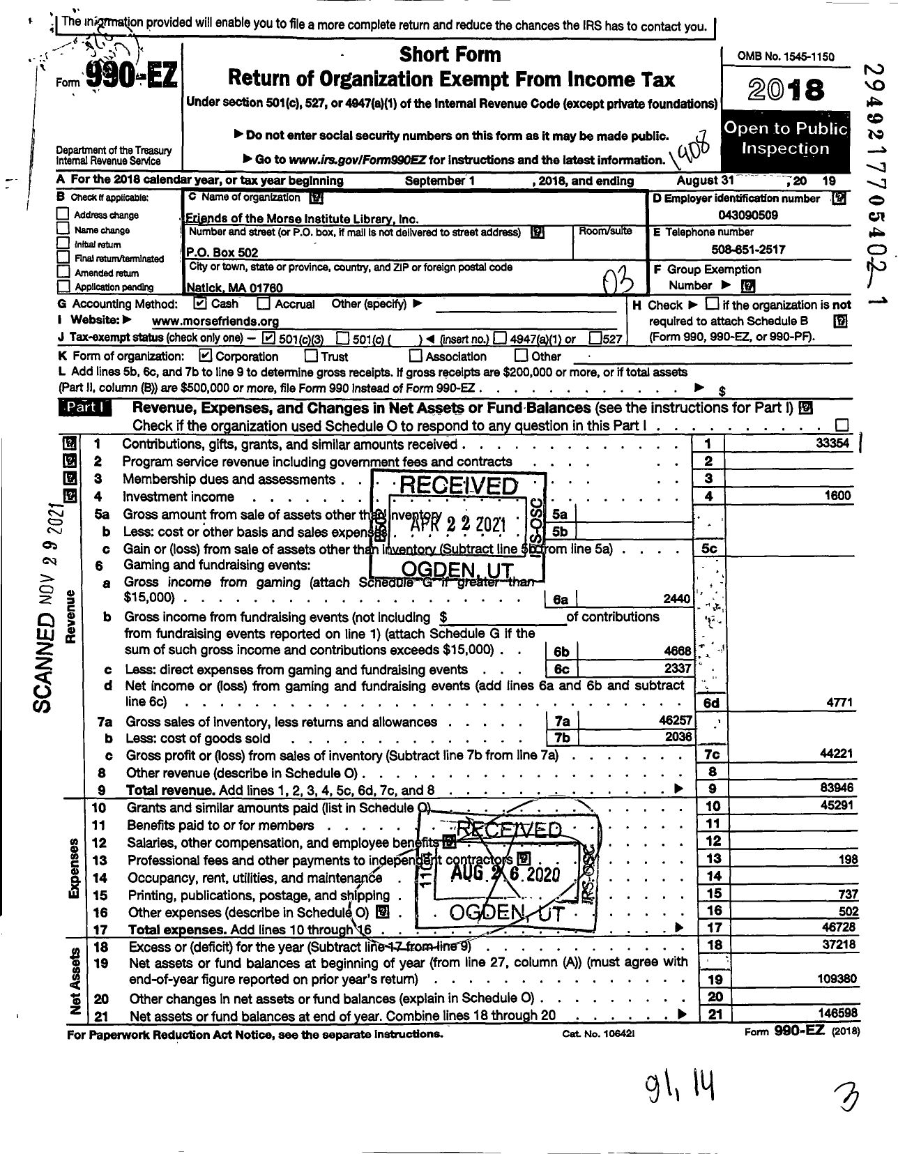 Image of first page of 2018 Form 990EZ for Friends of the Morse Institute Library